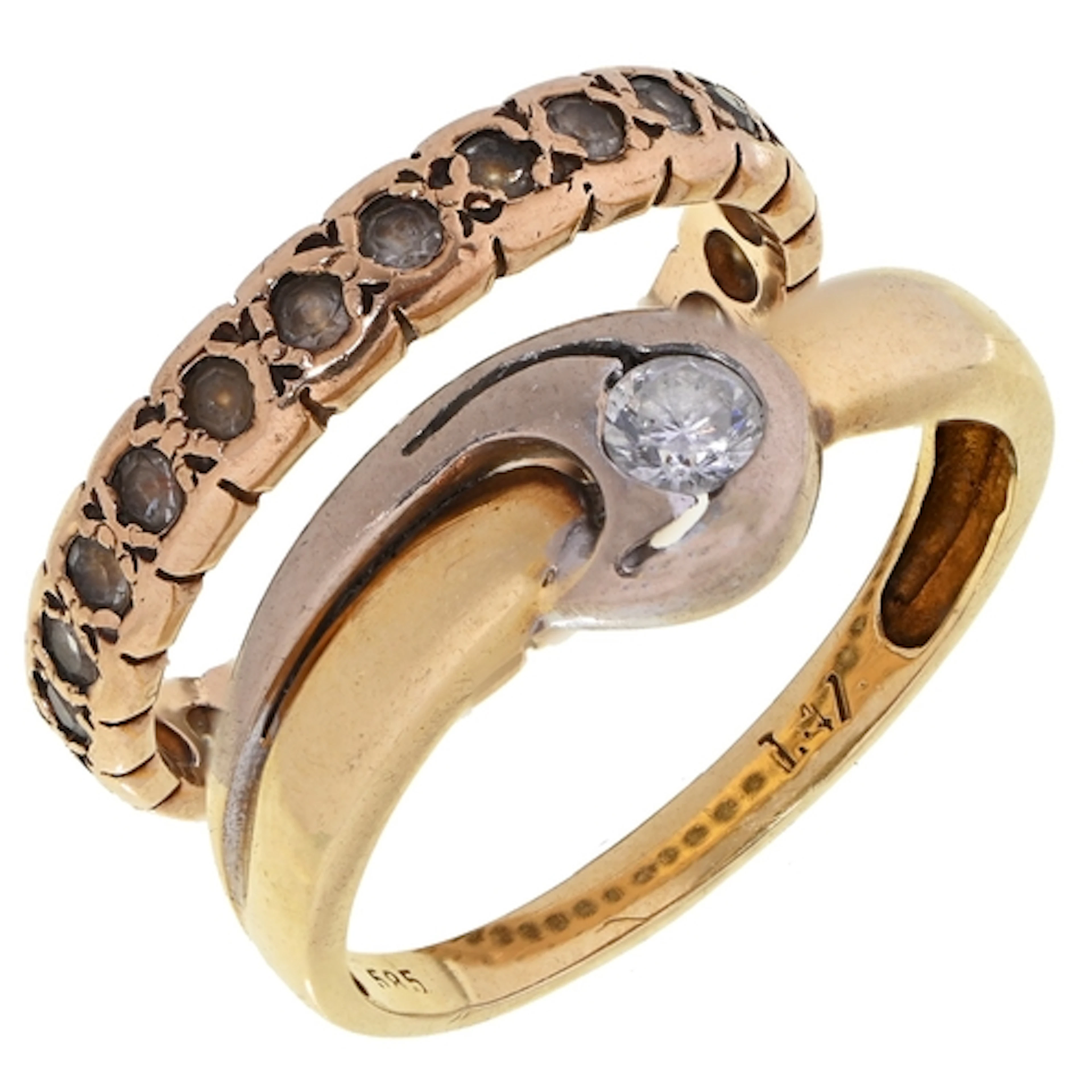 A white stone ring, in two-colour gold, marked 585, 2.5g and...