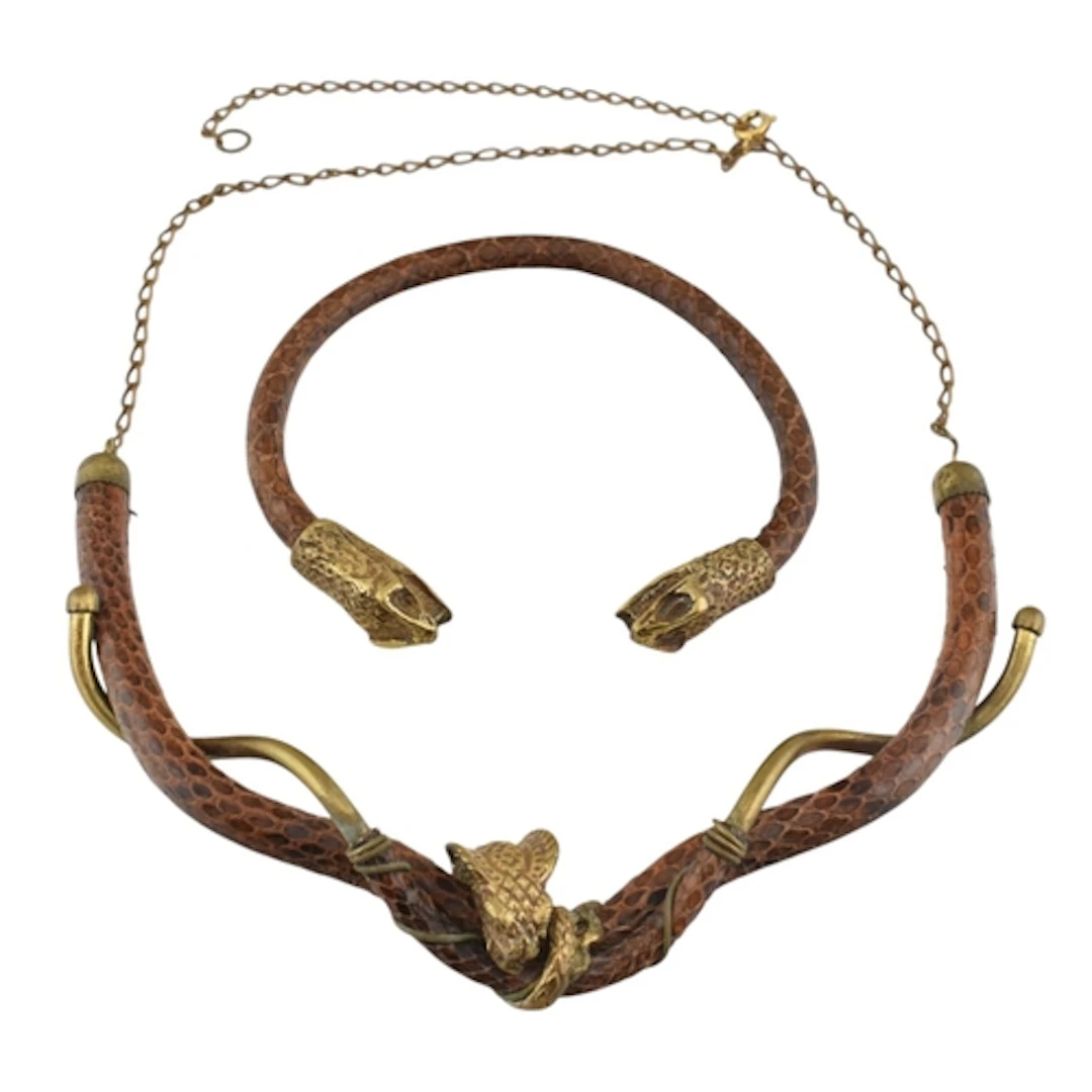 A matching real snakeskin necklace and bangle set. Yellow me...