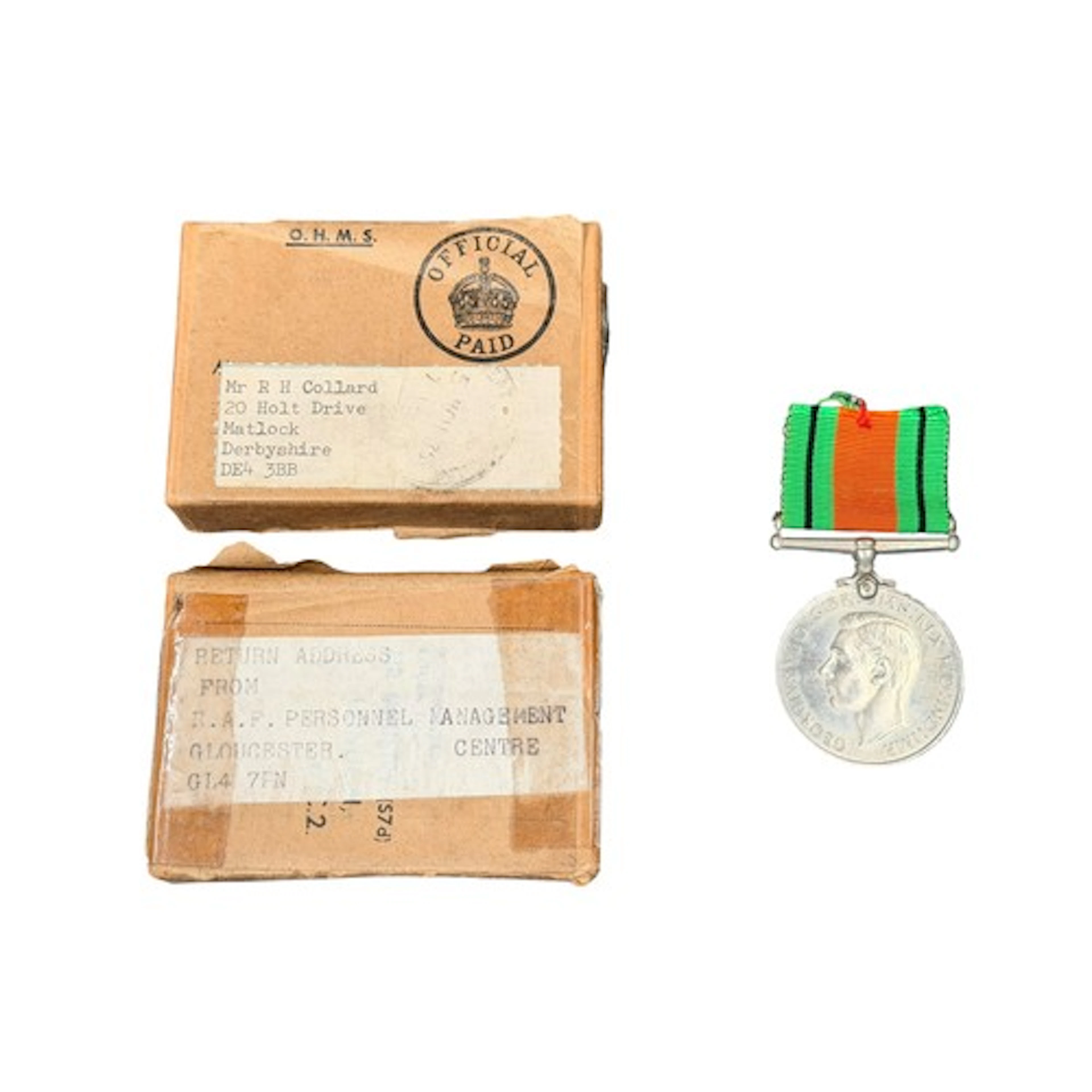 WW2 British Defence medal in box of issue to RH Collard, RAF...