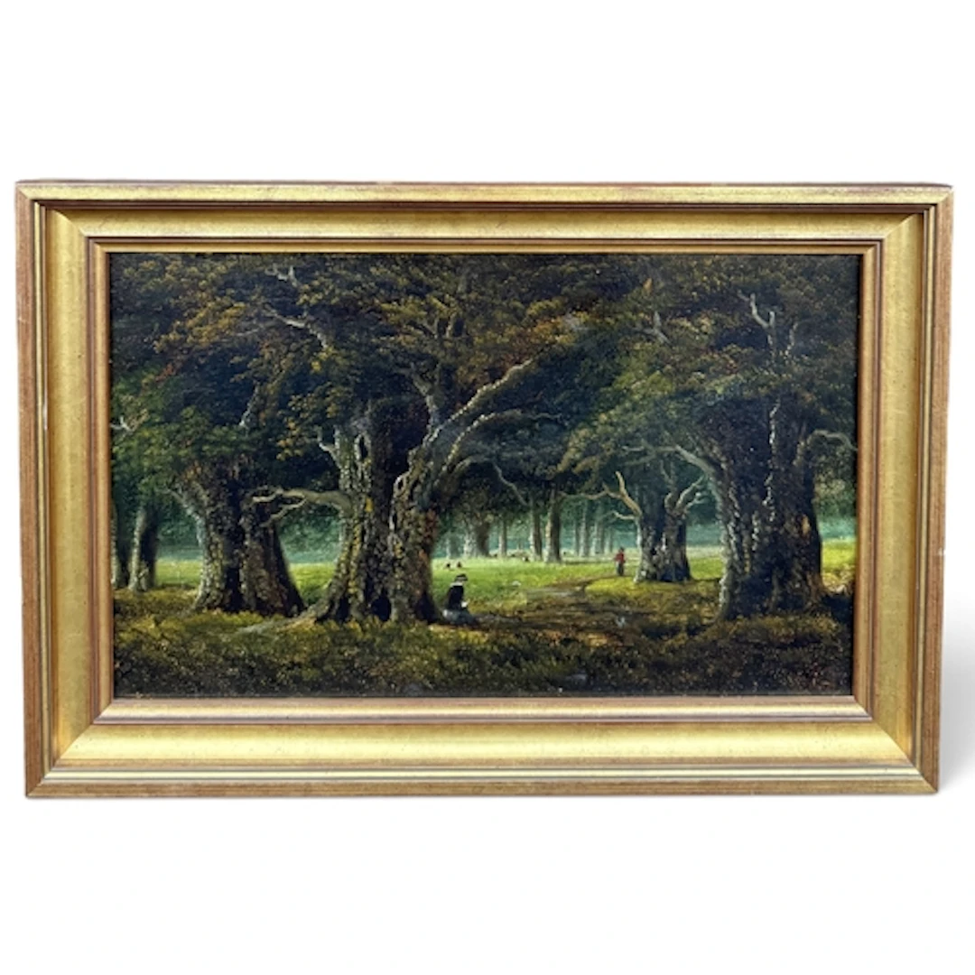 L LYONS (BRITISH, 19TH CENTURY): WOODLAND LANDSCAPE WITH FIG...