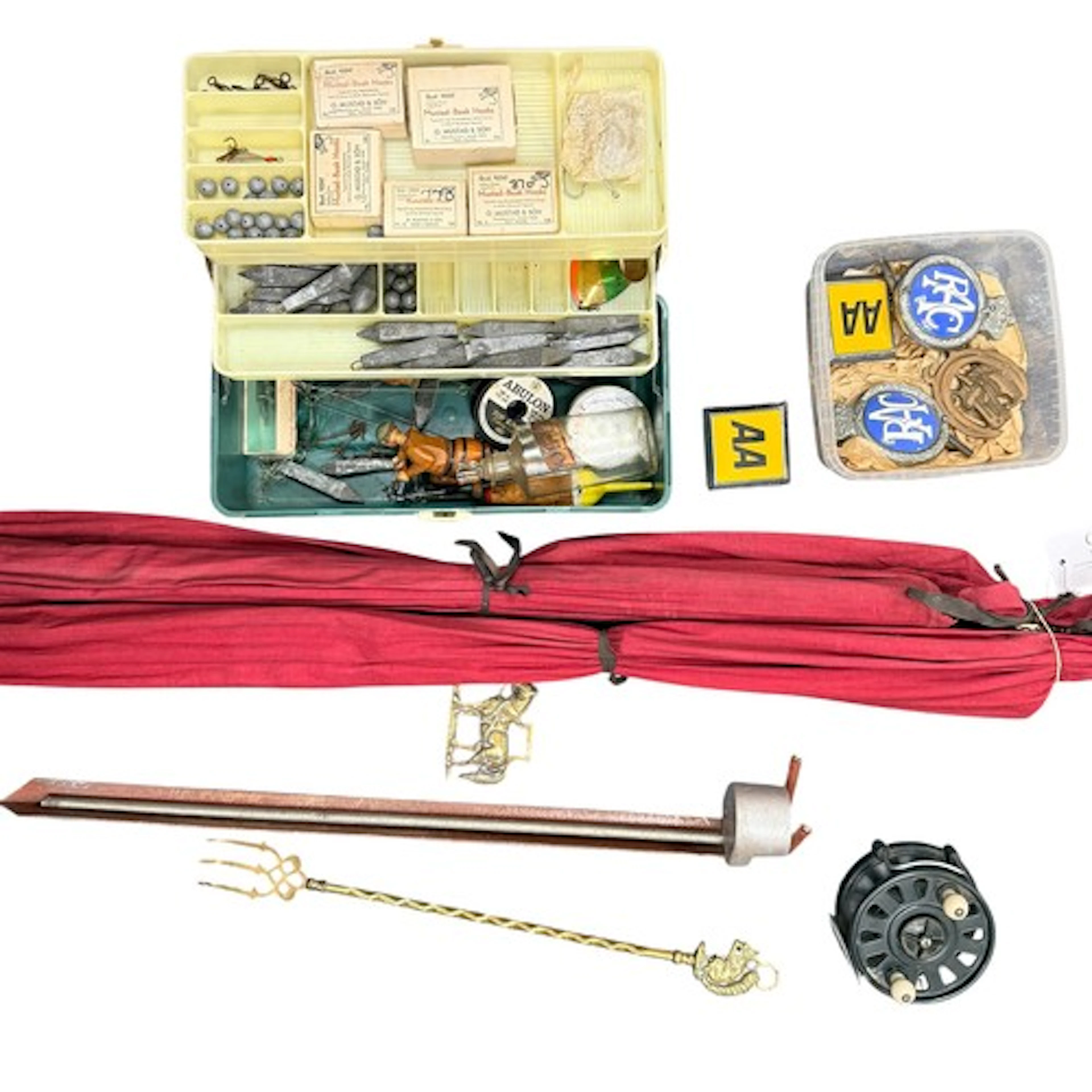Fishing Equipment and Vintage Motoring Badges - Three fishin...
