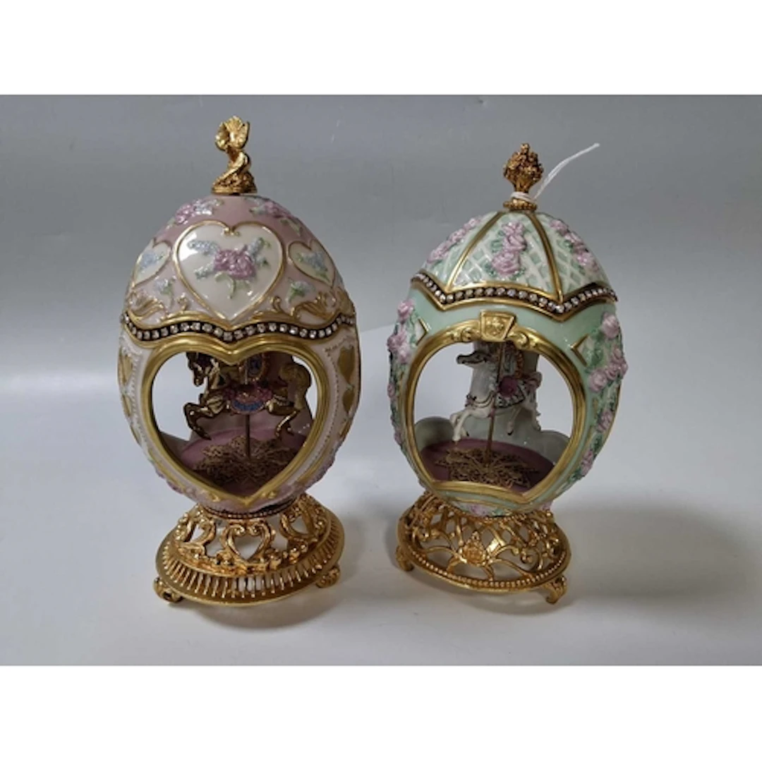 TWO FRANKLIN MINT DECORATIVE EGGS WITH CAROUSEL HORSES INSID...