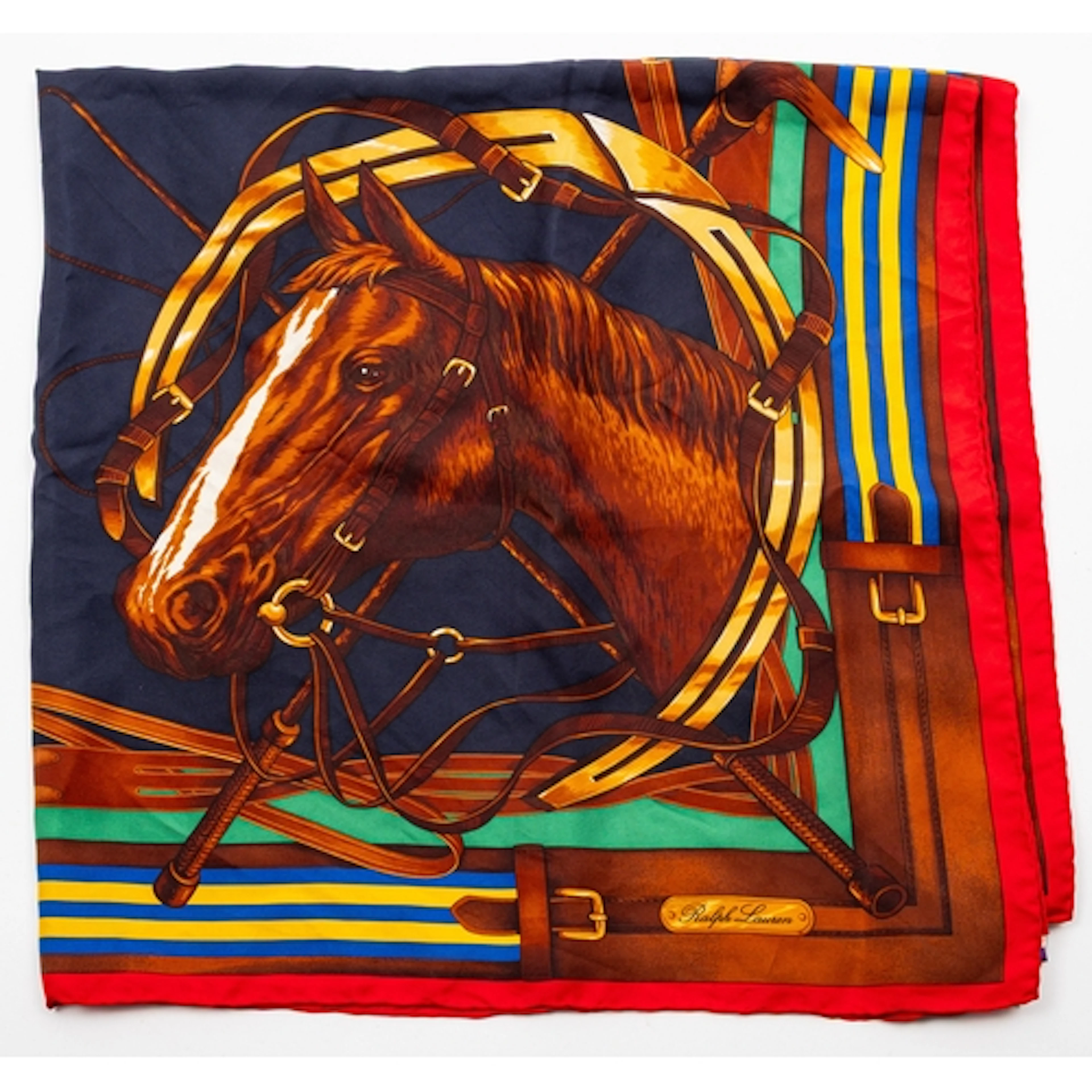 A Ralph Lauren equine scarf, having a horse head on a blue g...