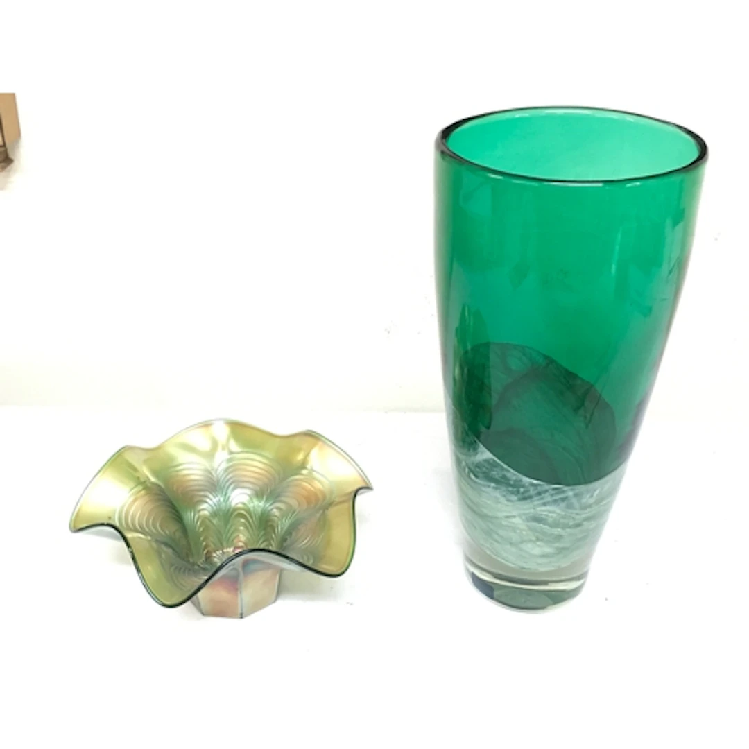 Loetz style dish (17cm wide) and Caithness vase (26cm tall)