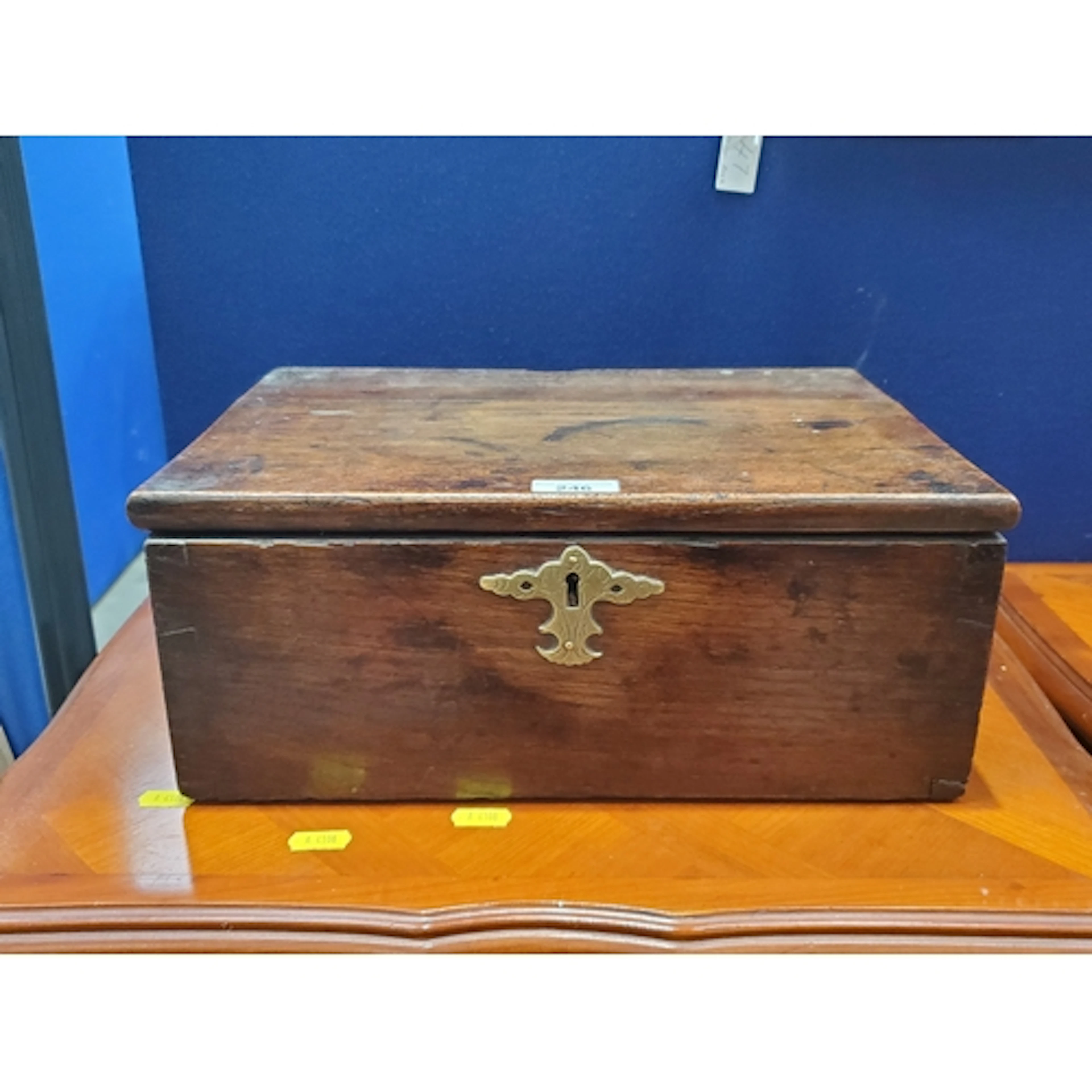 An antique oak Box with hinged lid and brass escutcheon, 14i...