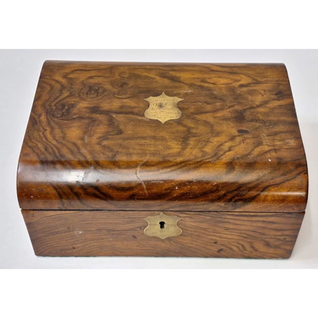Victorian Writing Slope, dome topped, shield shaped brass pl...