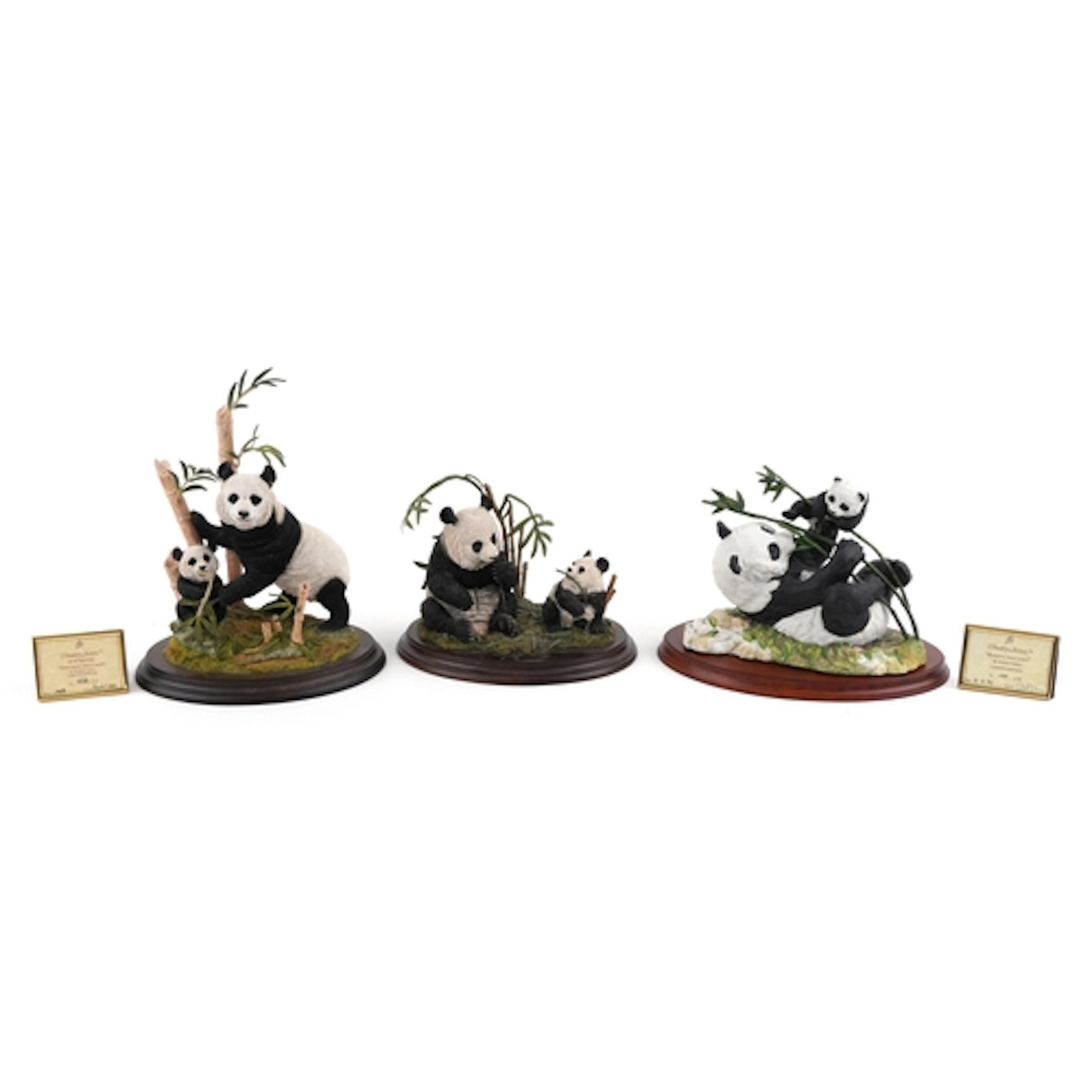 Three decorative panda figure groups comprising Sheltered Se...