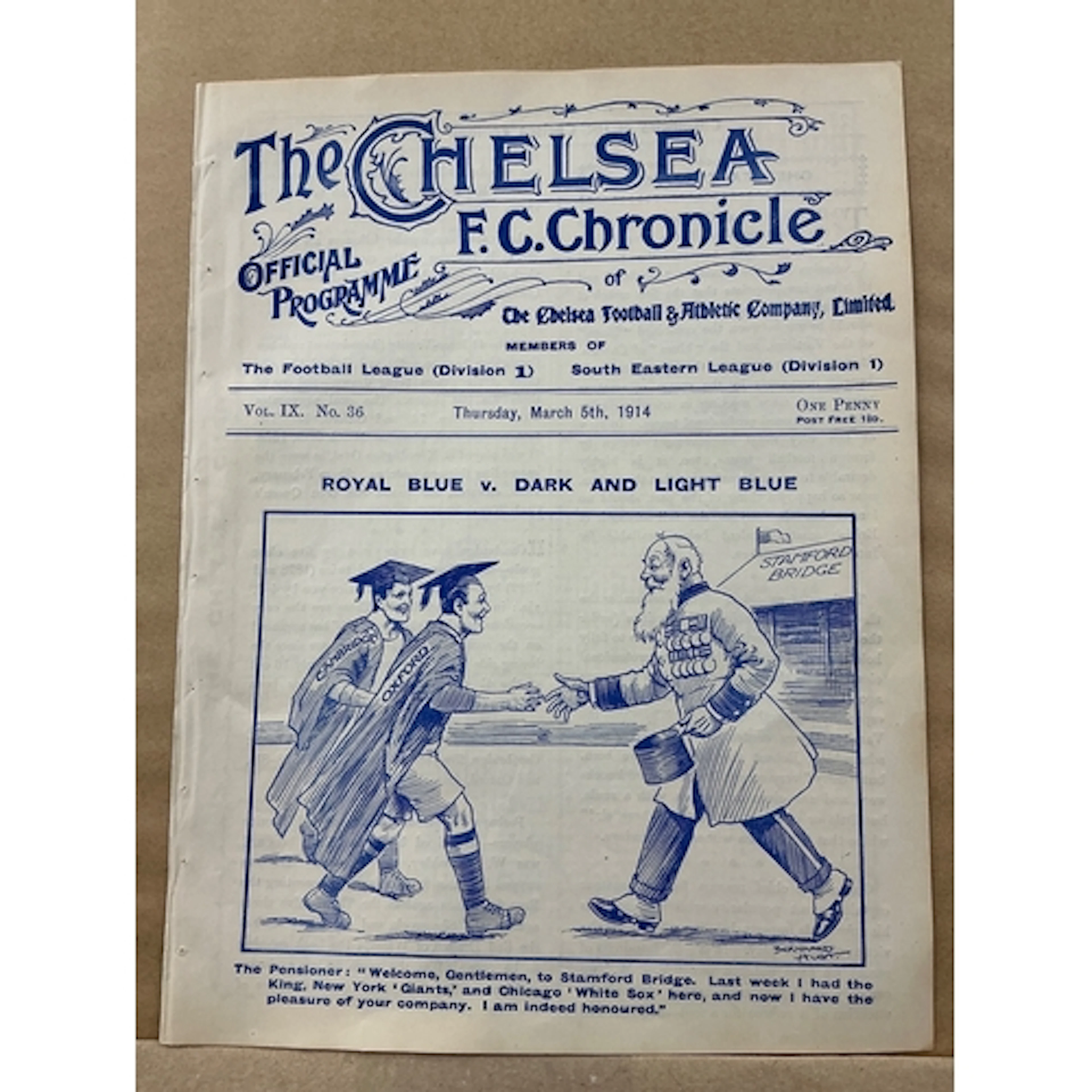 1913 - 1914 Chelsea v Oxford + Cambridge Football Programme:...