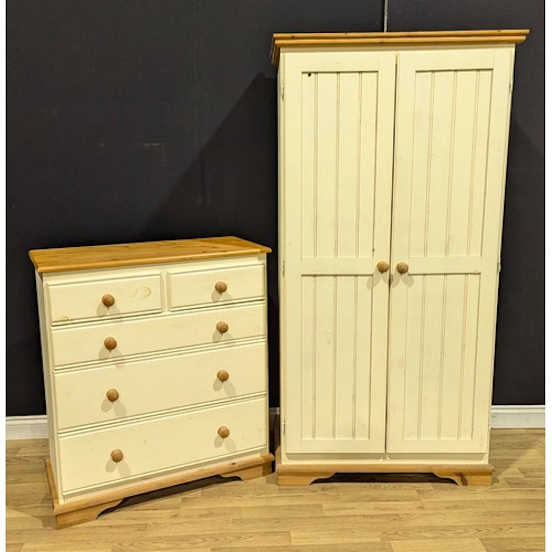 A painted pine two-piece bedroom suite, comprising wardrobe ...