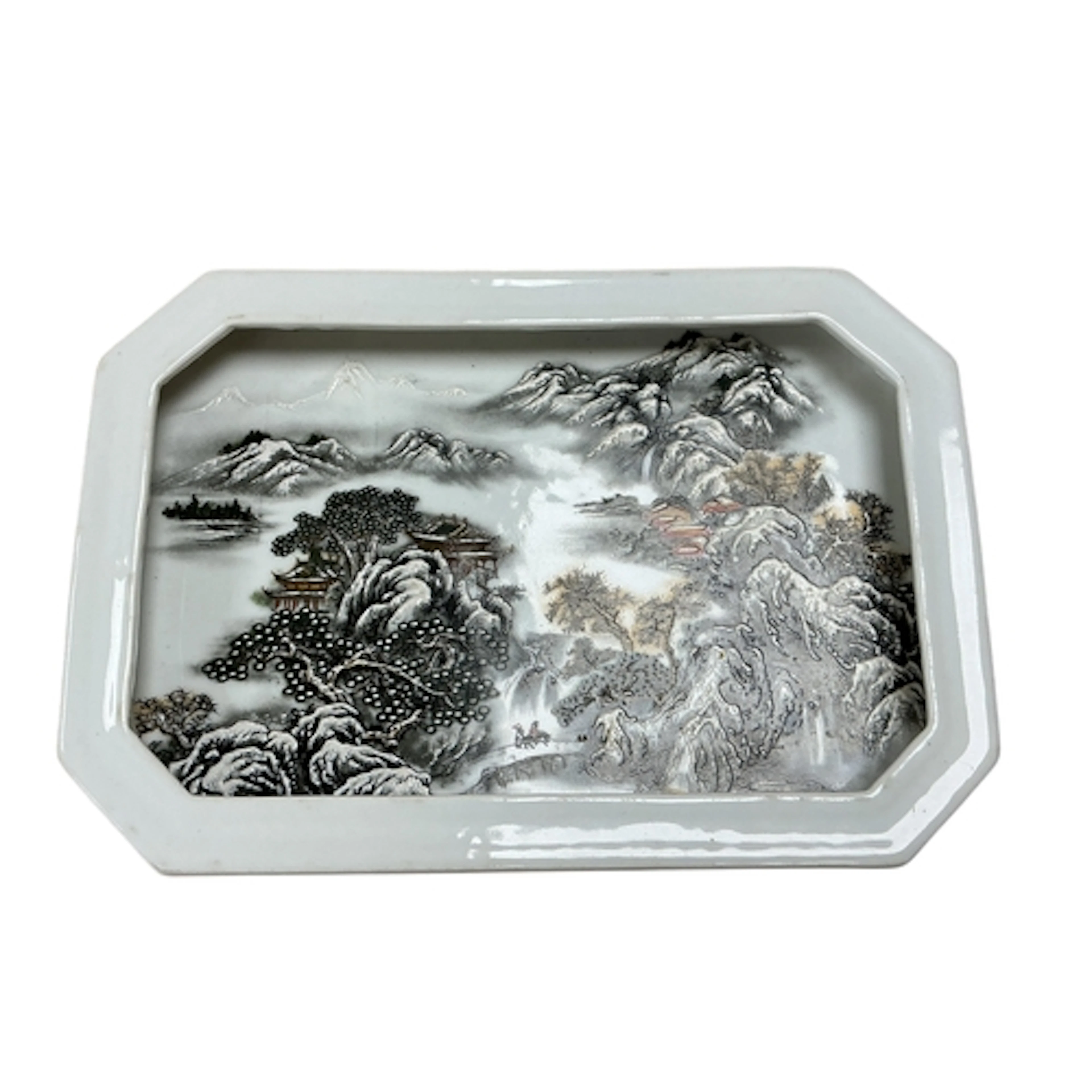 A Chinese rectangular porcelain tray, painted with mountaino...