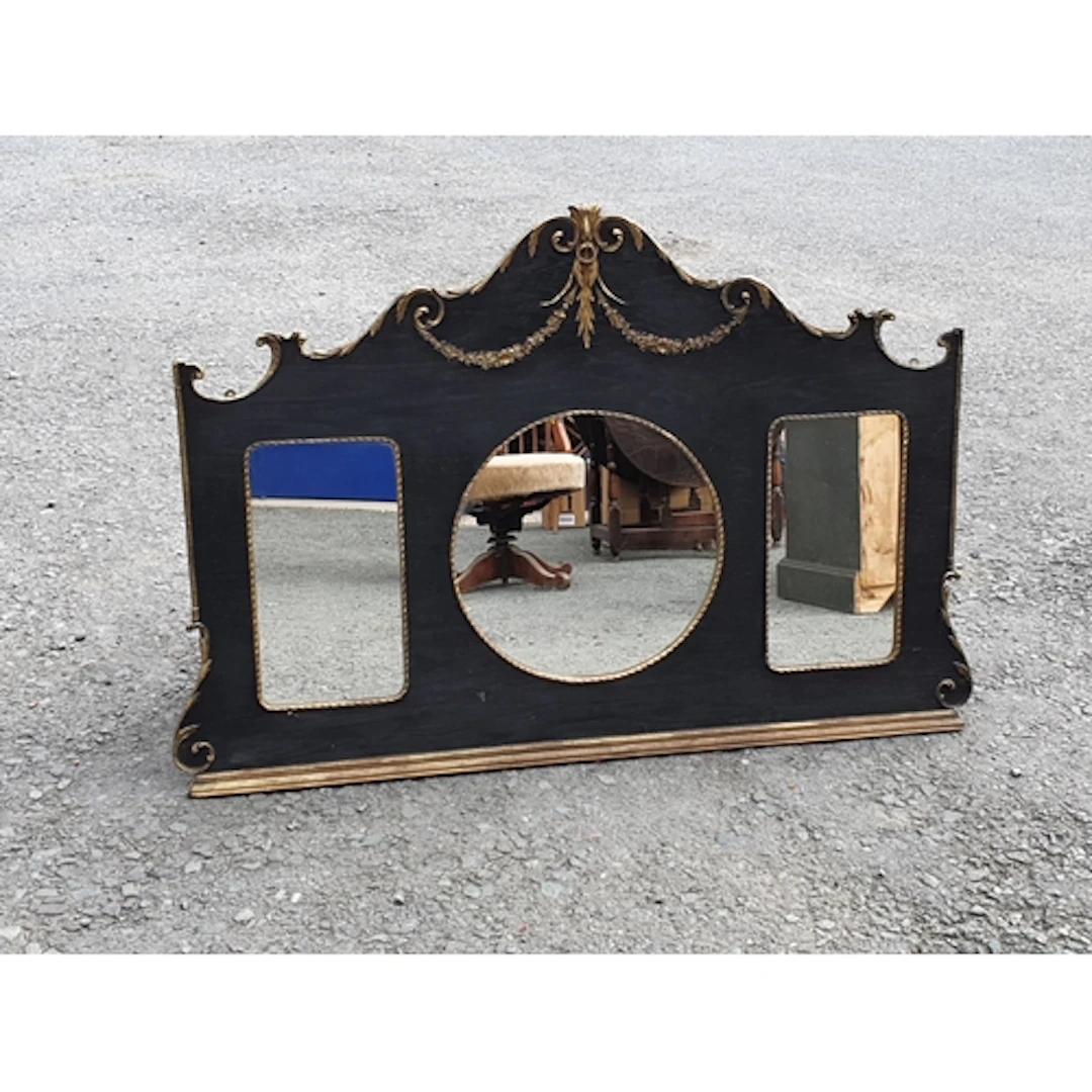 A black and gilt painted overmantel Mirror, (R5).