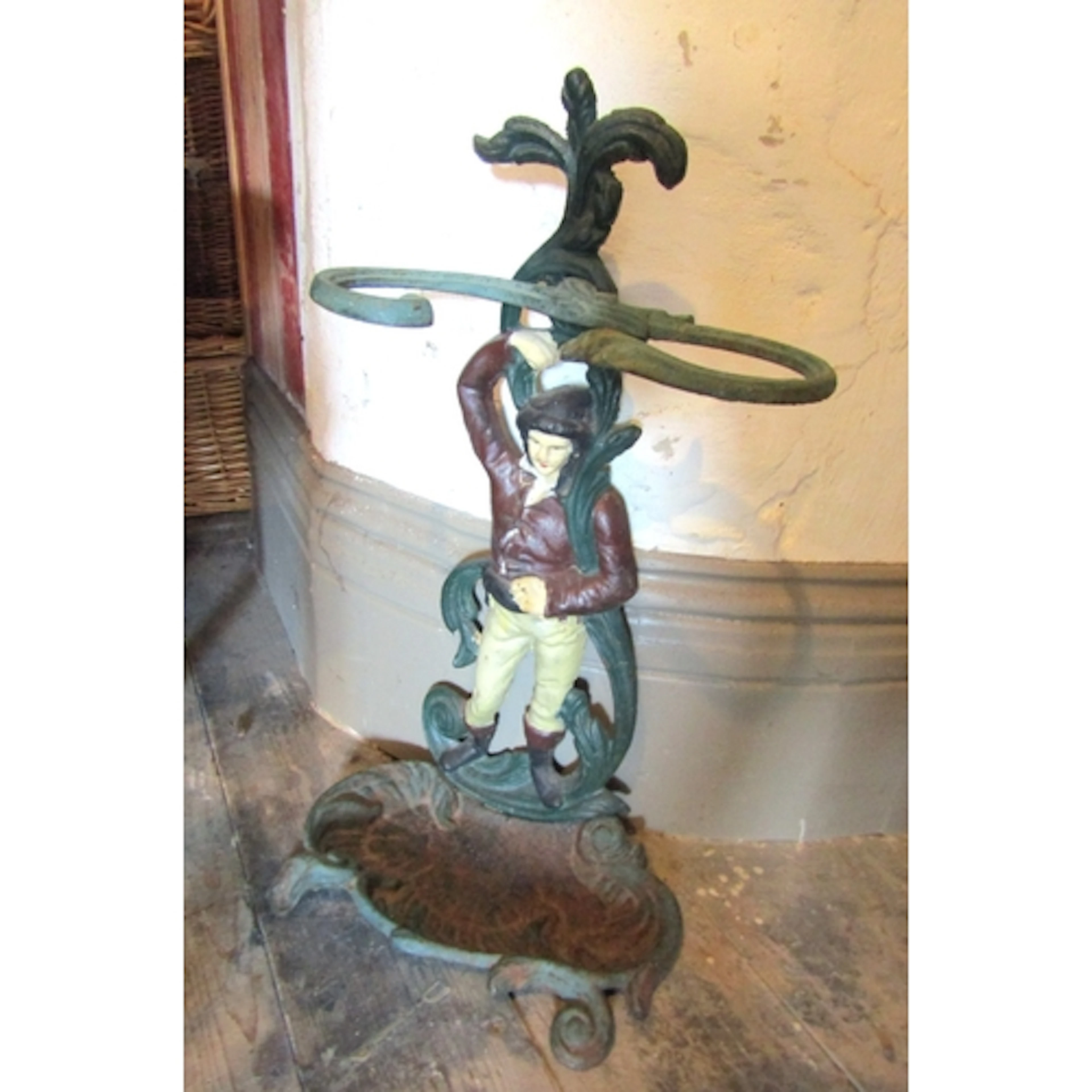 Antique Cast Iron Jockey Motif Figural Form Stick and Umbrel...