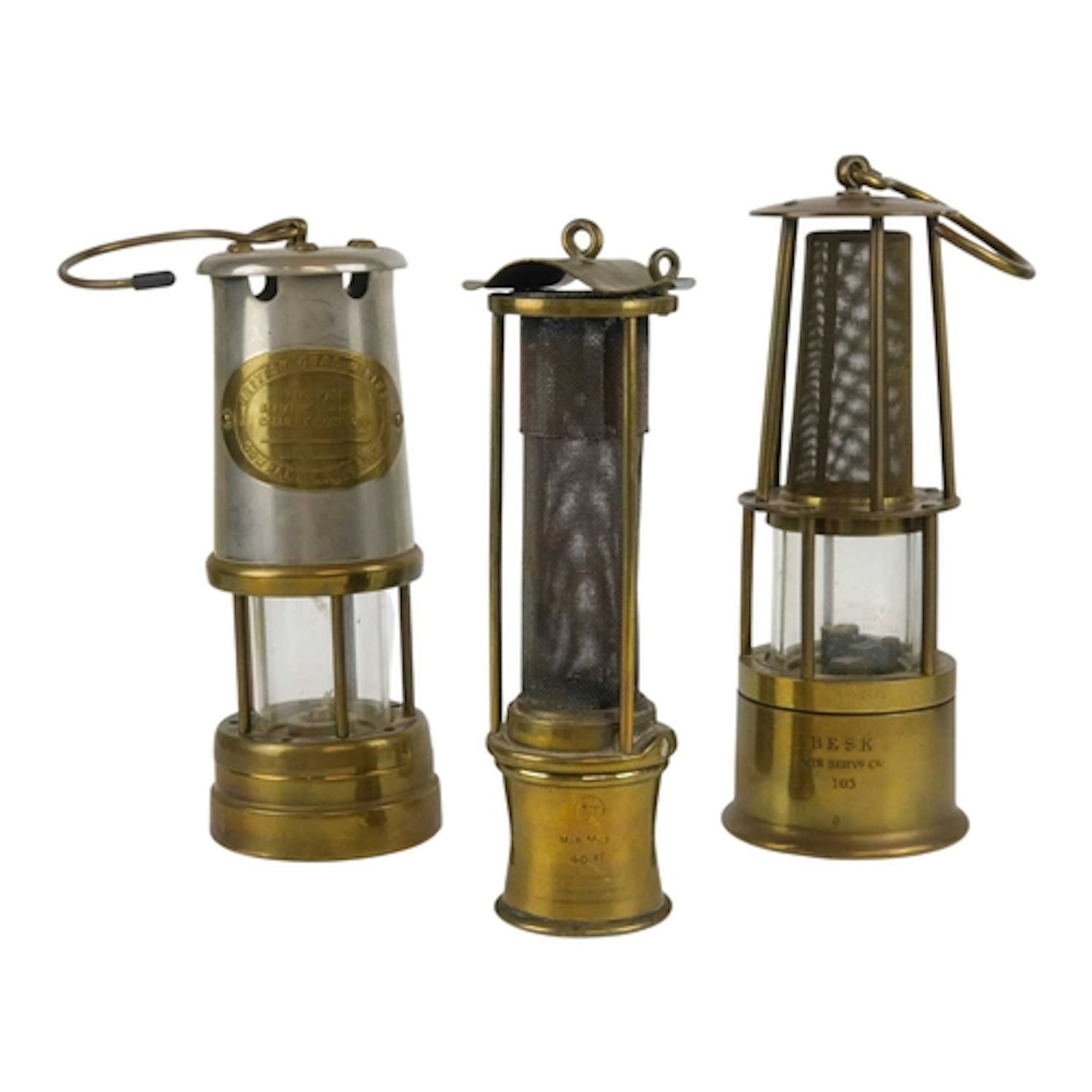 Three miners' lamps. Including a 19th century No 10 gauze ty...