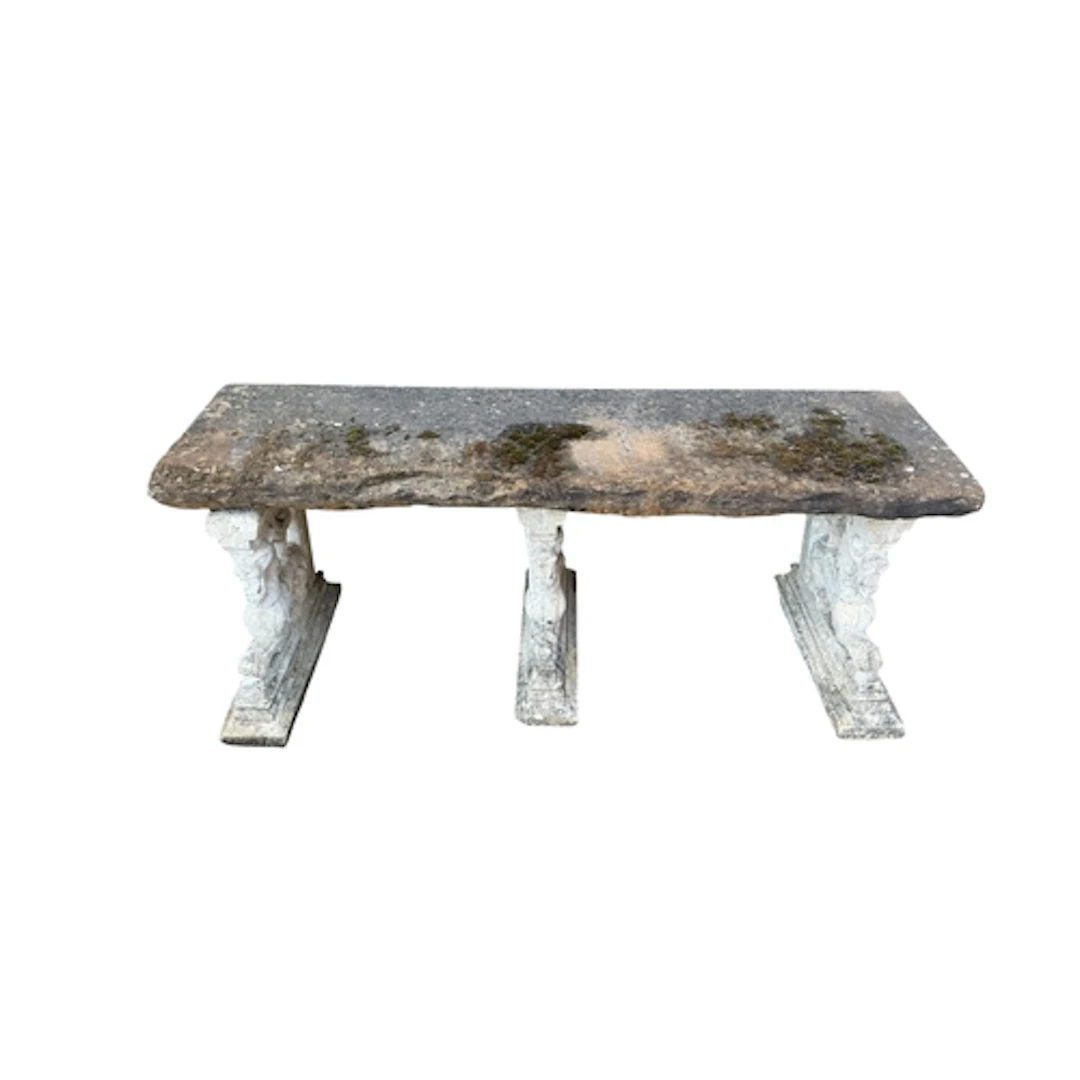 A York stone and reconstituted garden bench, width 132cm, de...
