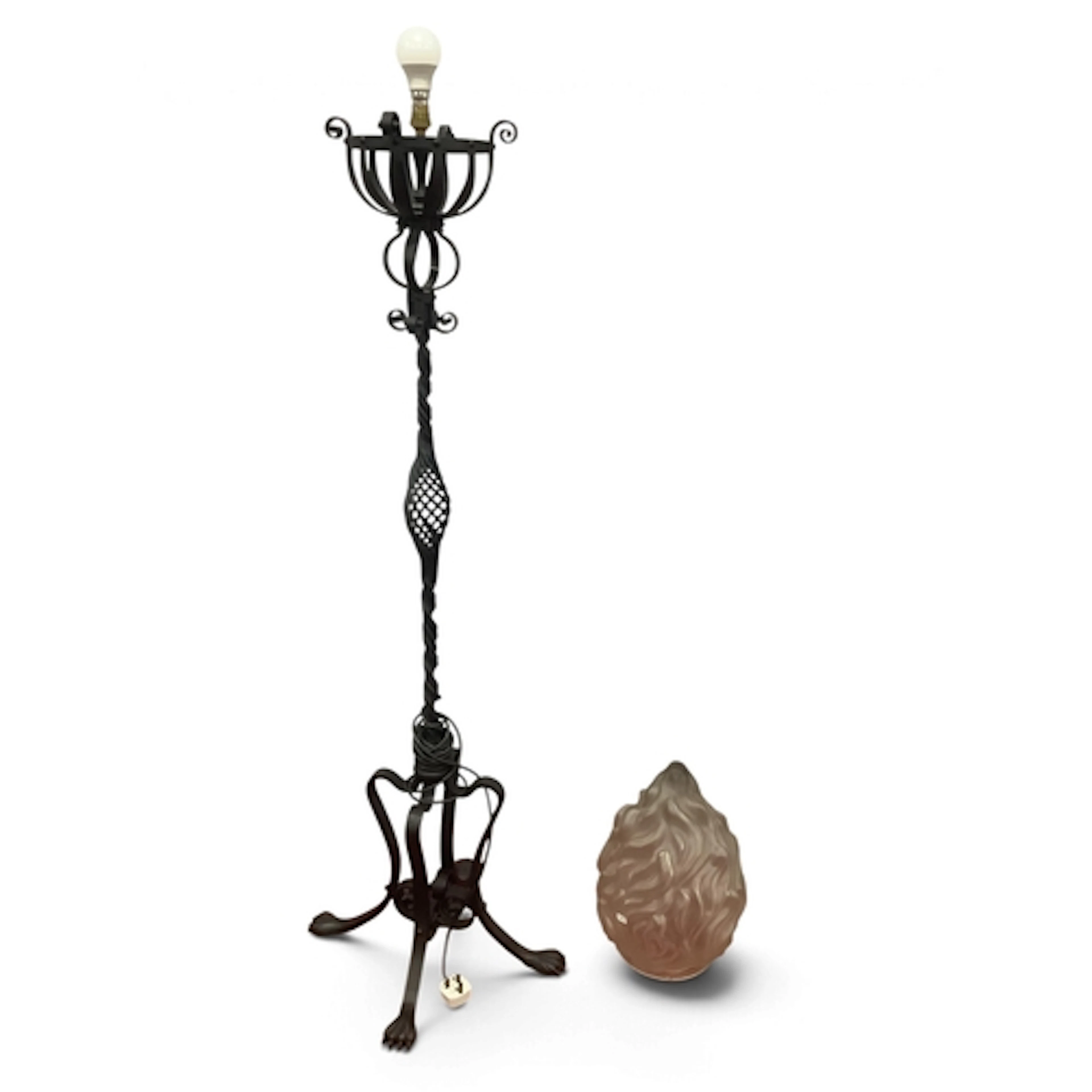 Wrought Iron Standard Lamp, with frosted glass flame shade, ...
