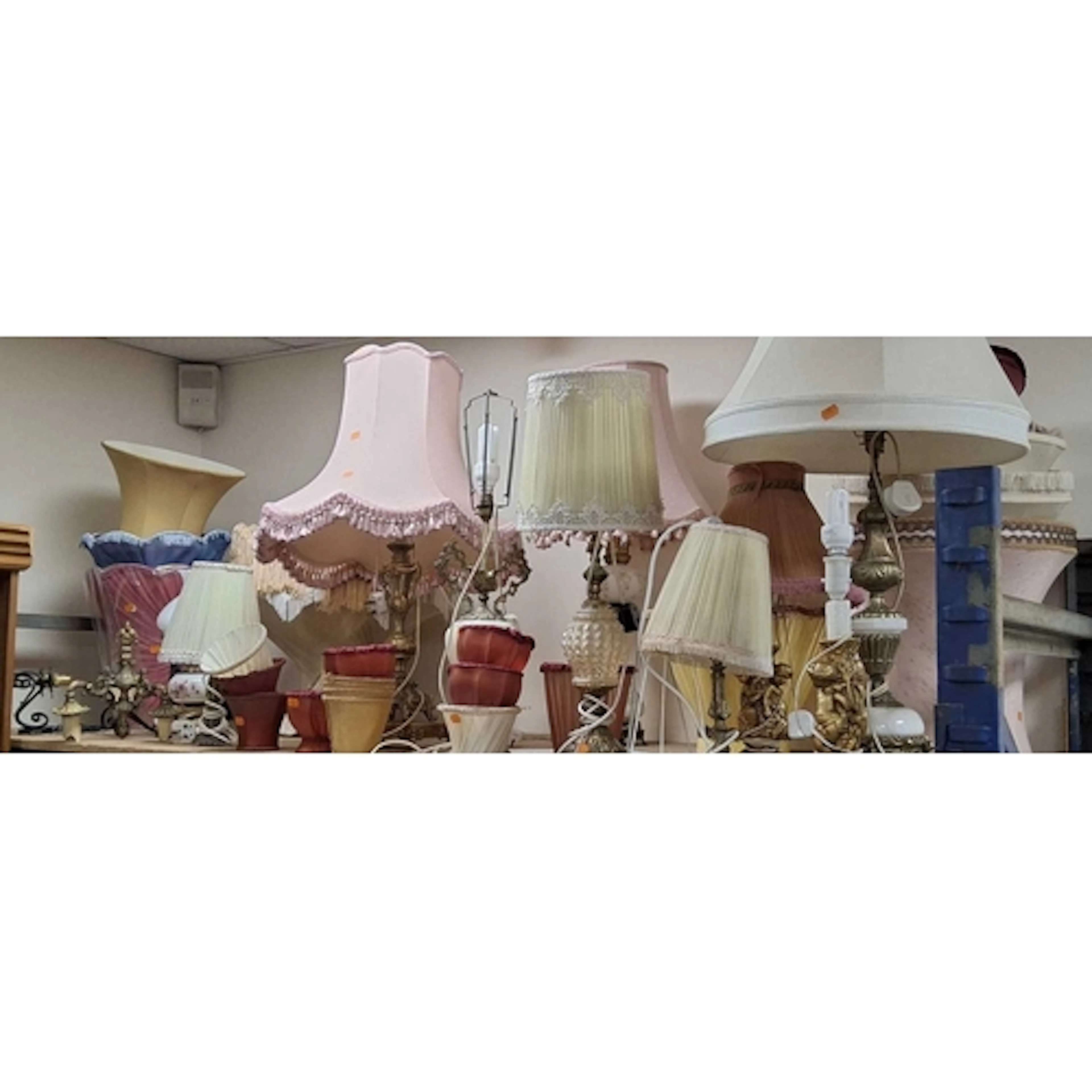A GROUP OF TEN VINTAGE LAMP STANDS AND SHADES, to include a ...