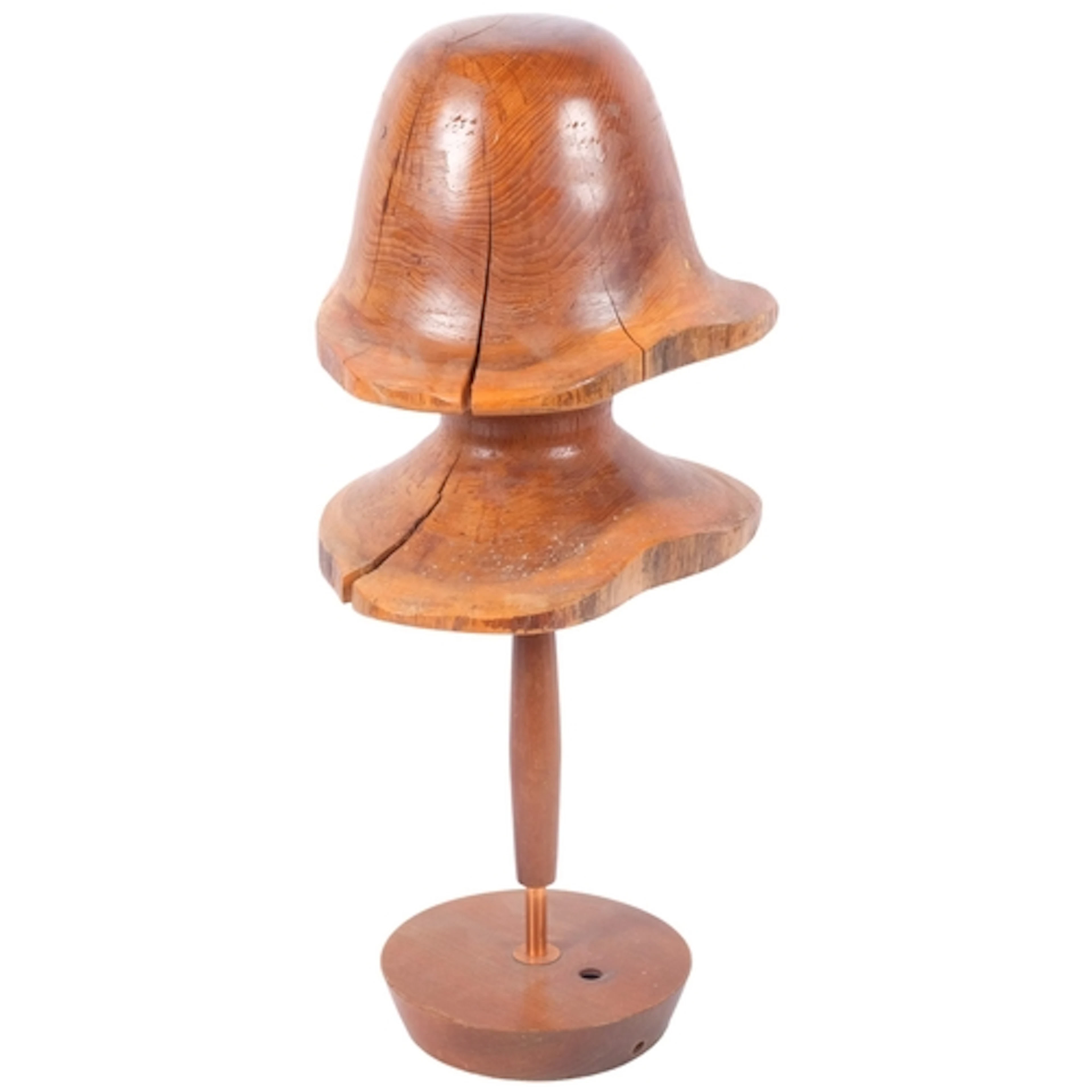 A carved yew wood mushroom design table lamp base, mid-centu...