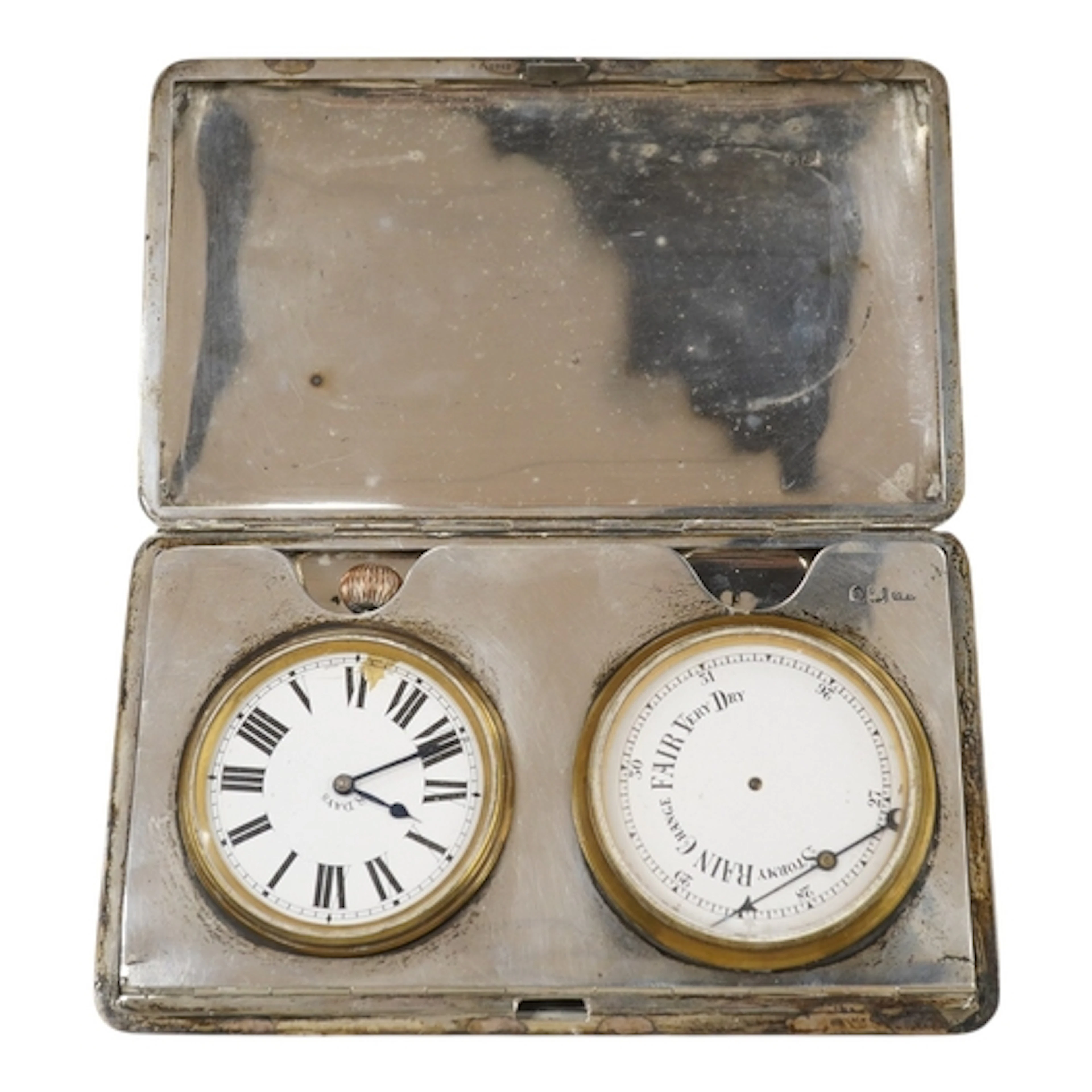 A George V silver travelling pocket watch and barometer case...