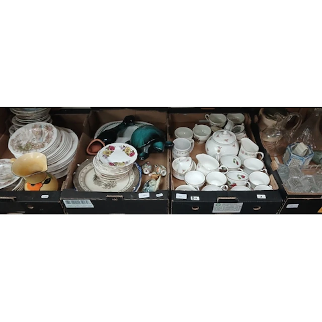 Three boxes of ceramics and a box of glass including a large...