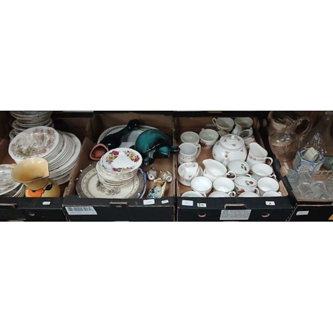 Three boxes of ceramics and a box of glass including a large...