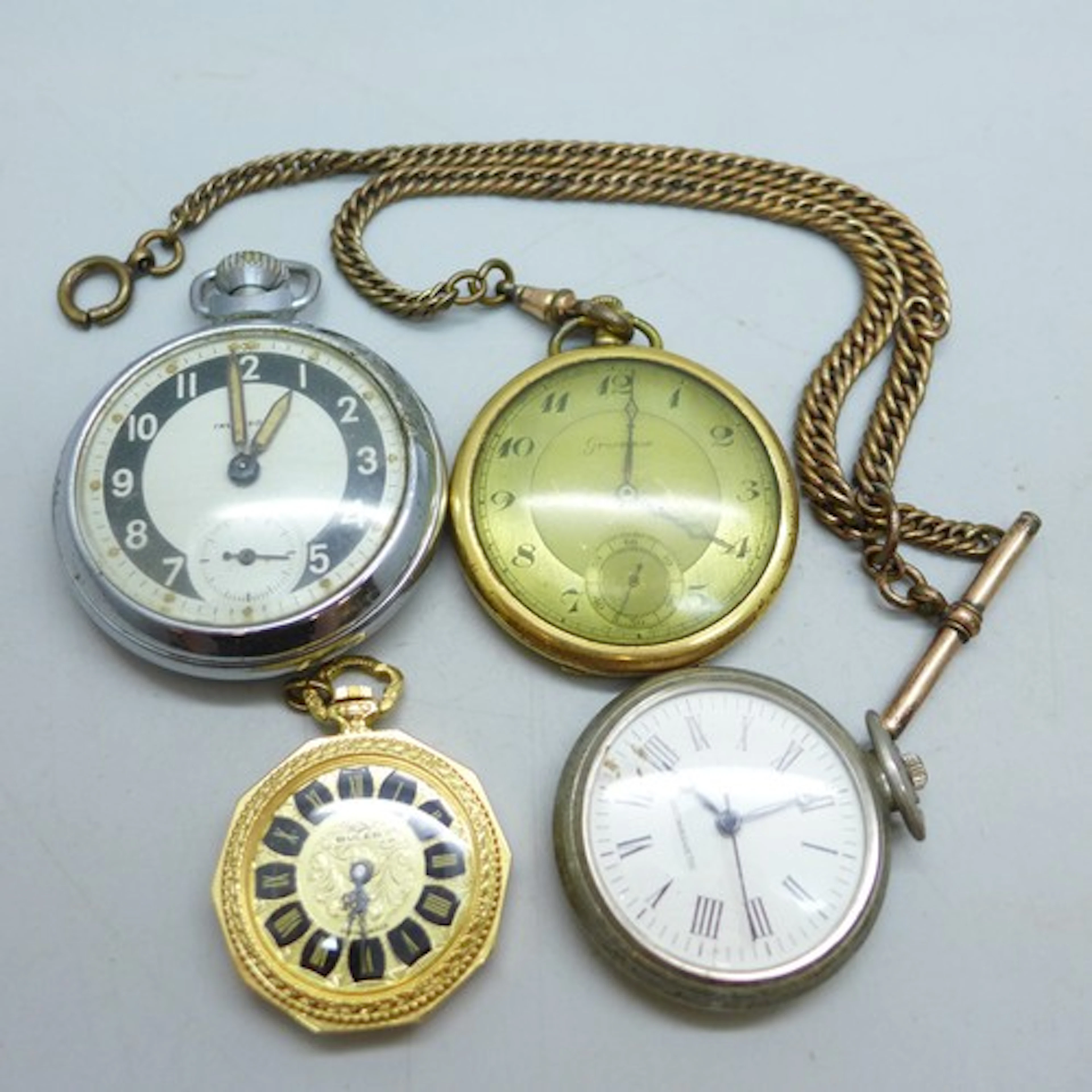 Three pocket watches including one gold filled with Albert c...