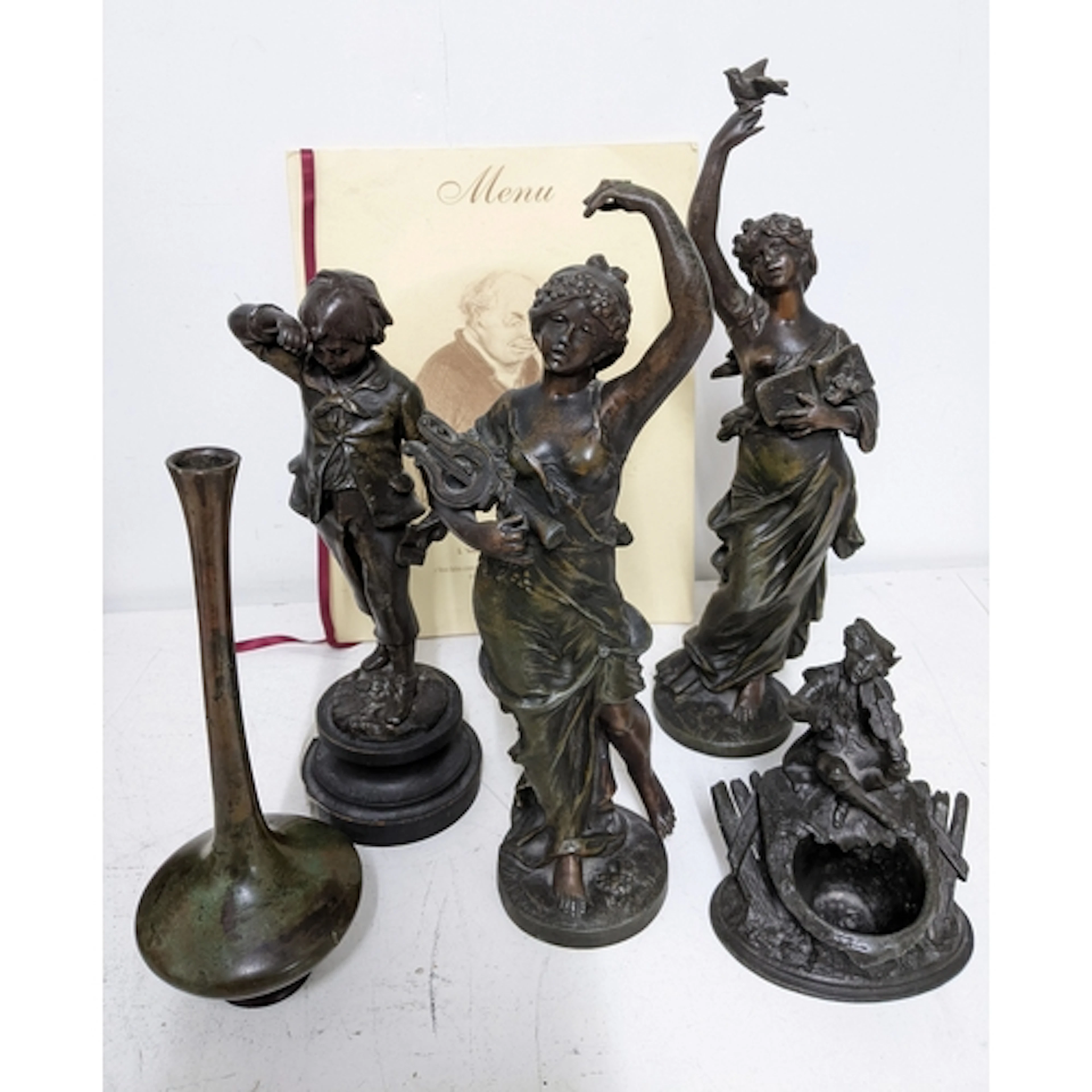 A group of Victorian patinated spelter sculptures, a Japanes...