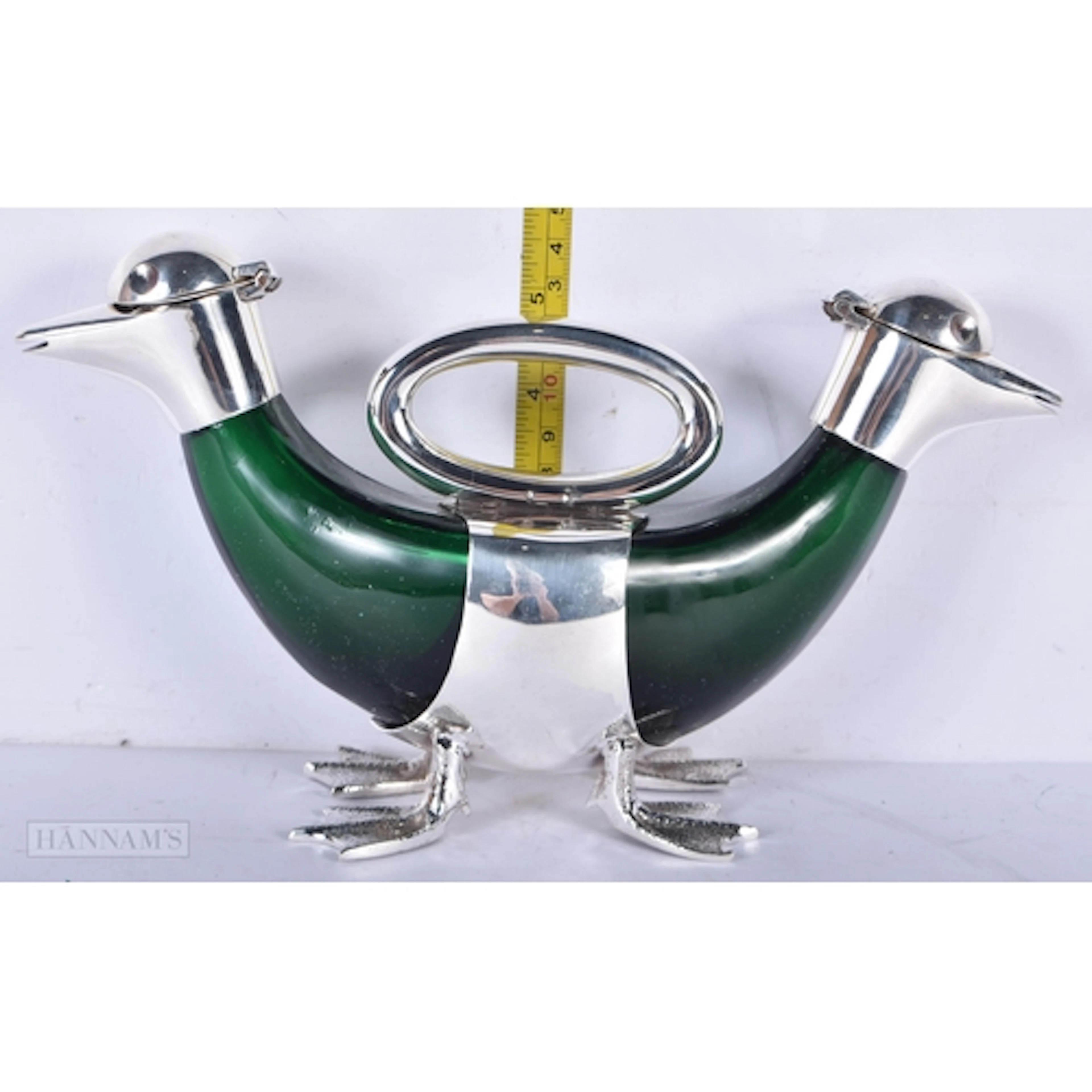 A silver plate duck head decanter 14 x 26cm