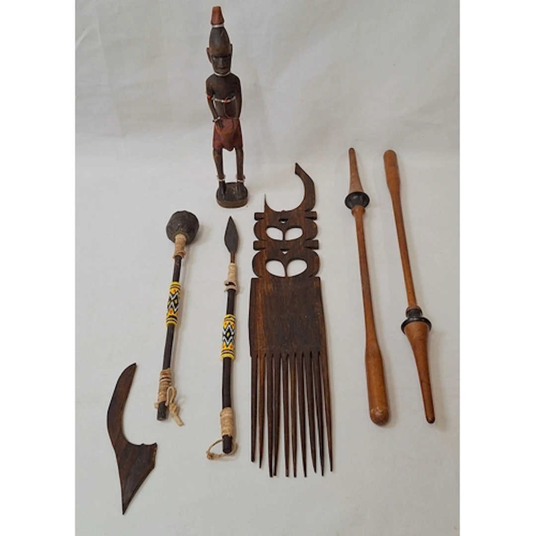 African Wooden Ceremonial Style Items incl. Ashanti comb A/f...