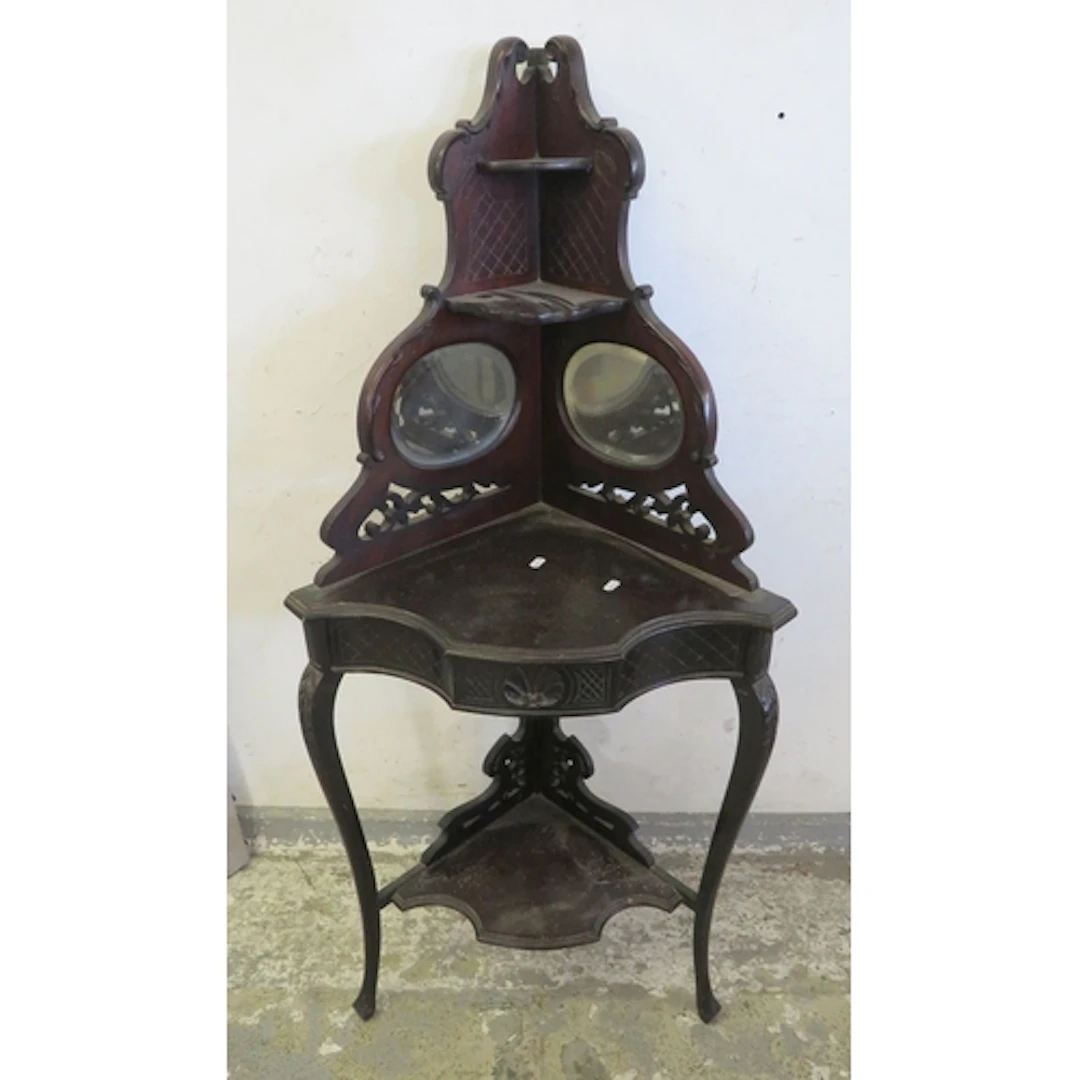 Antique Mahogany Corner Etagere, intricate carved top, 2 mir...