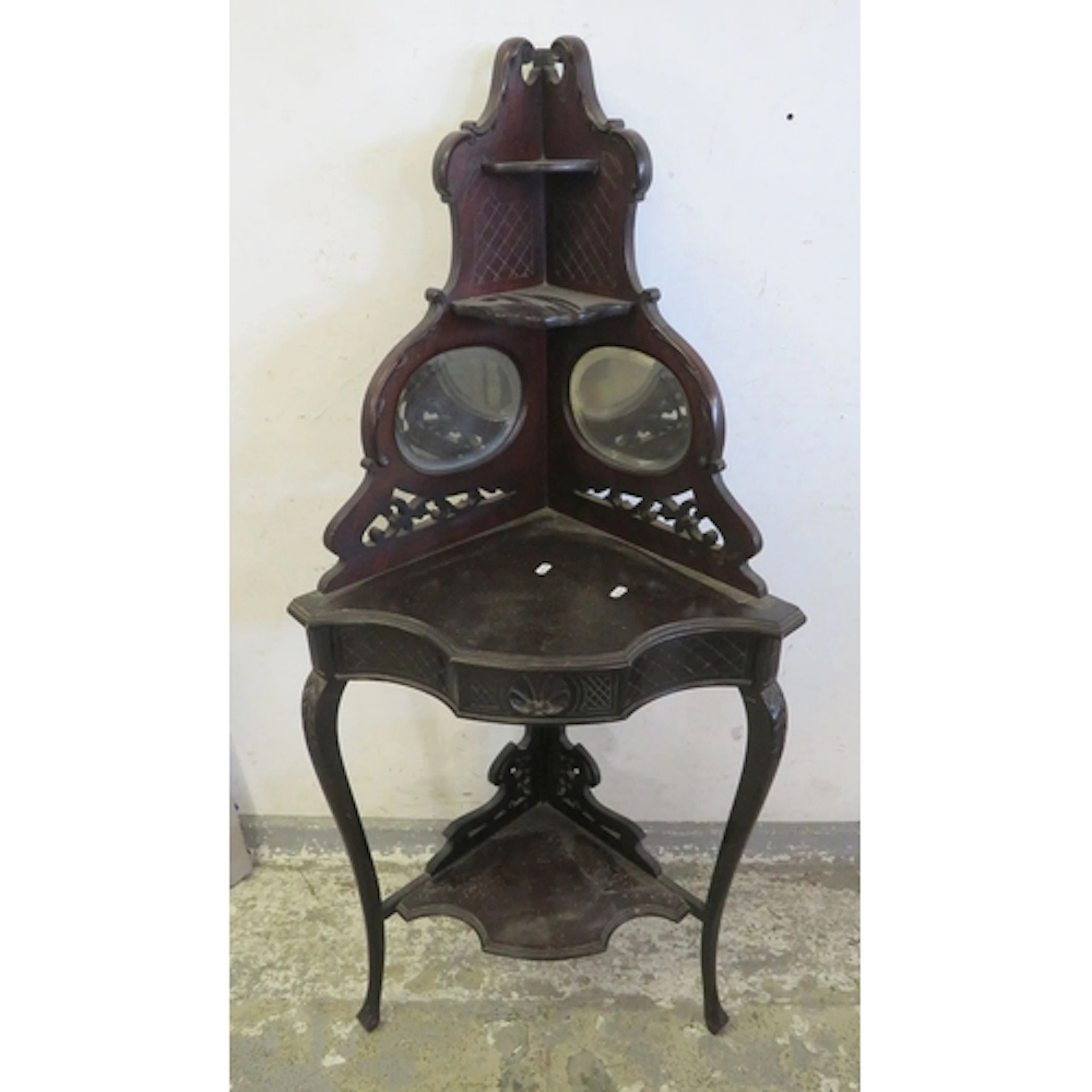 Antique Mahogany Corner Etagere, intricate carved top, 2 mir...