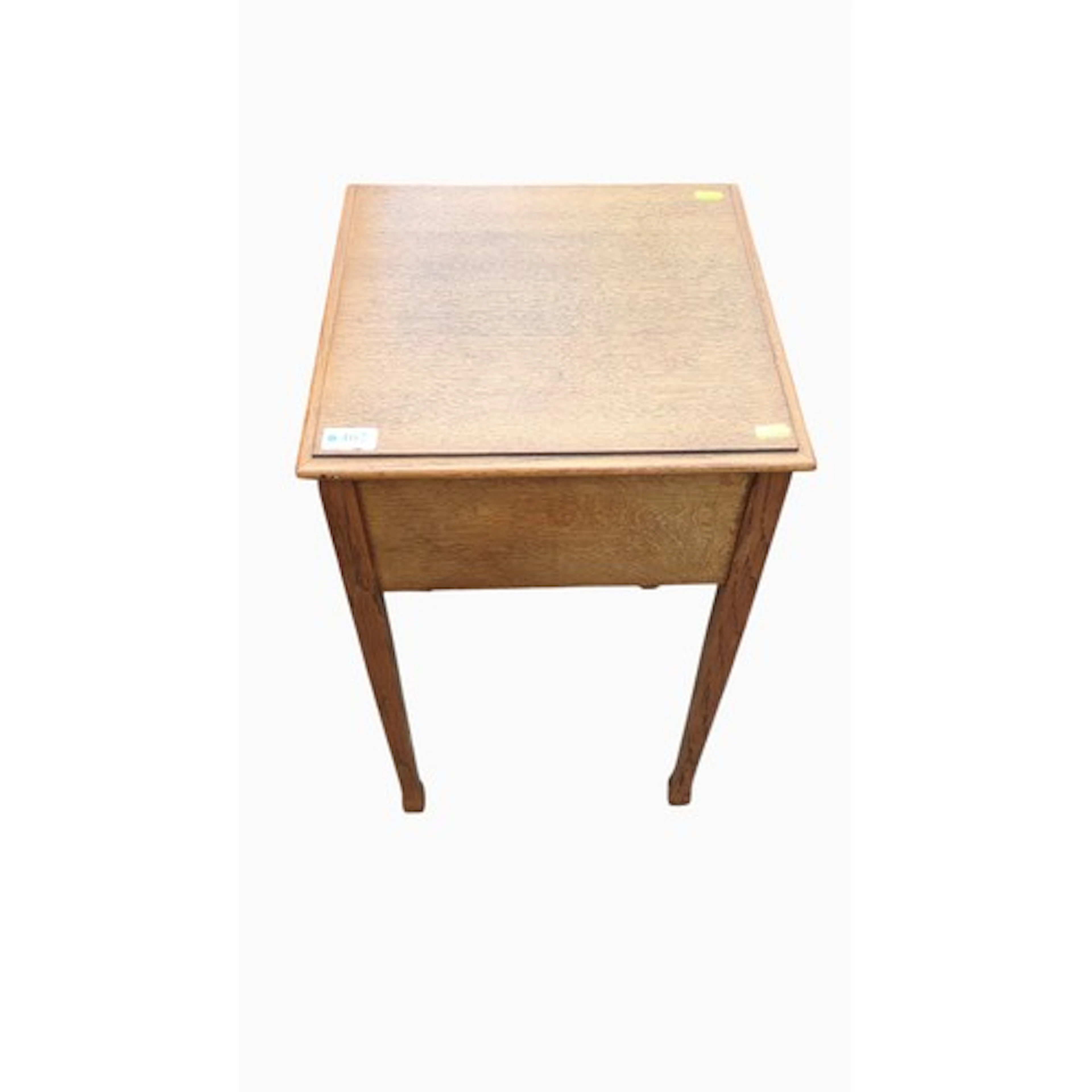 Oak sewing work table with a hinged, moulded top on square l...