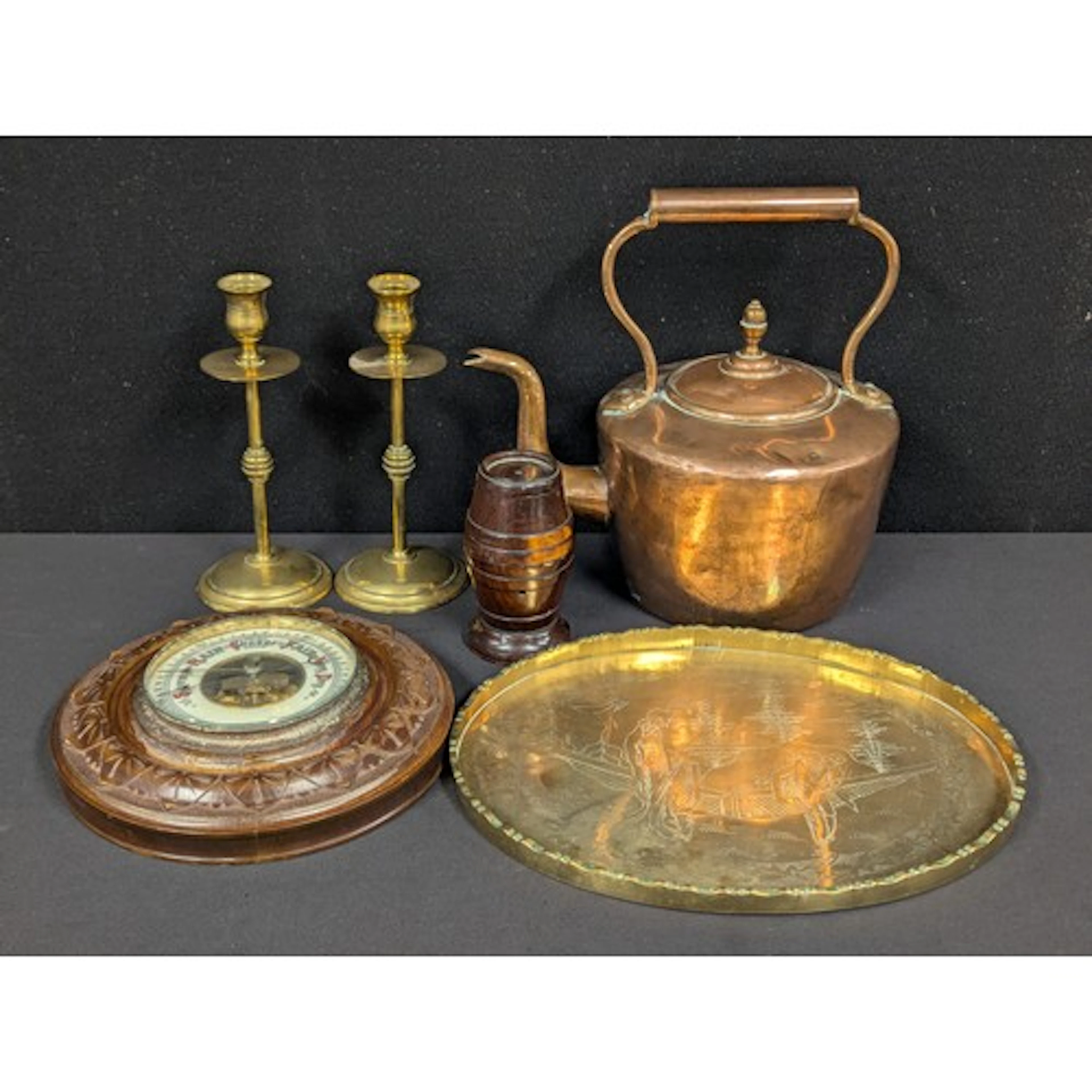 Treen & Metalware - a pair of brass candlesticks, copper ket...