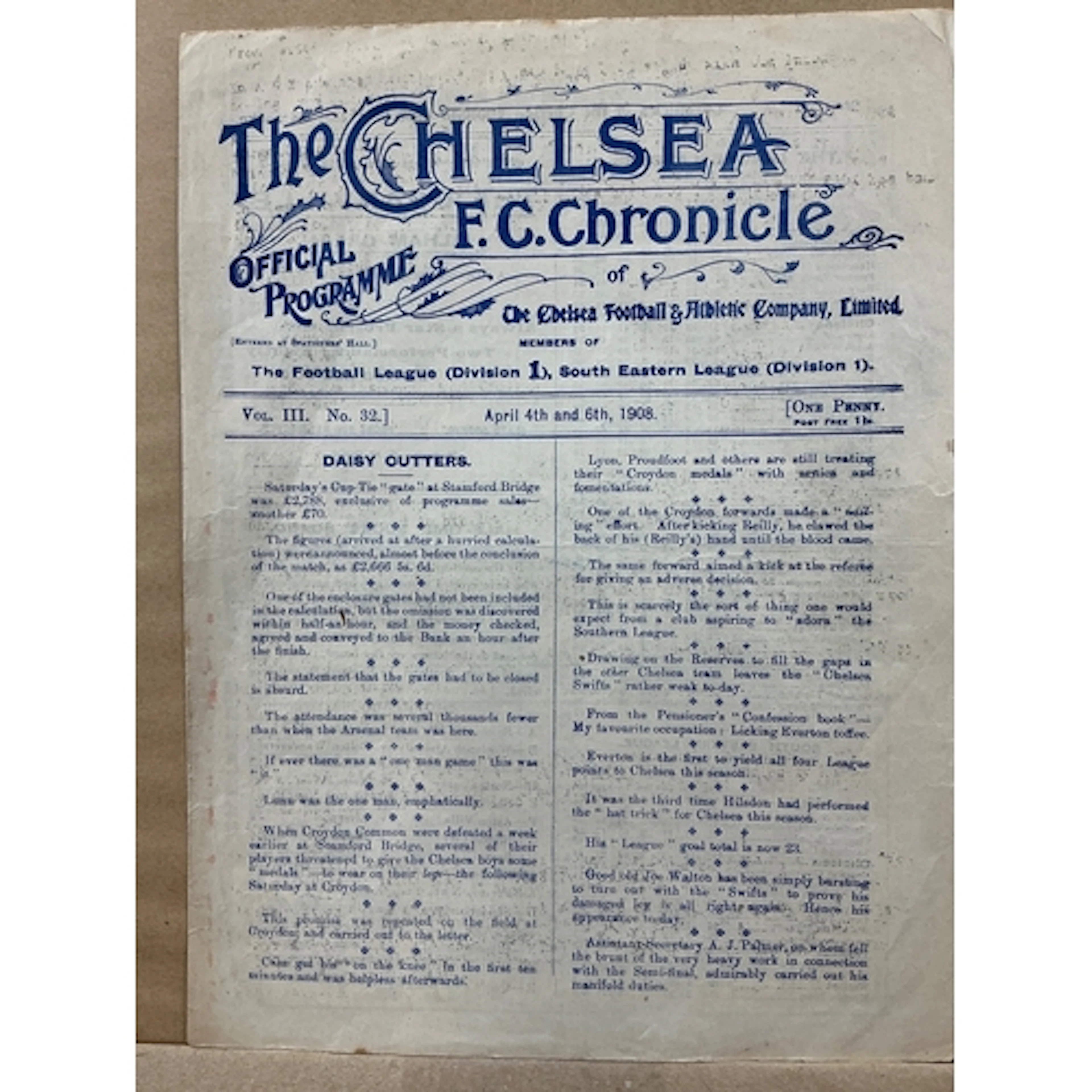 1913 - 1914 Chelsea v Southend + Sittingbourne Football Prog...
