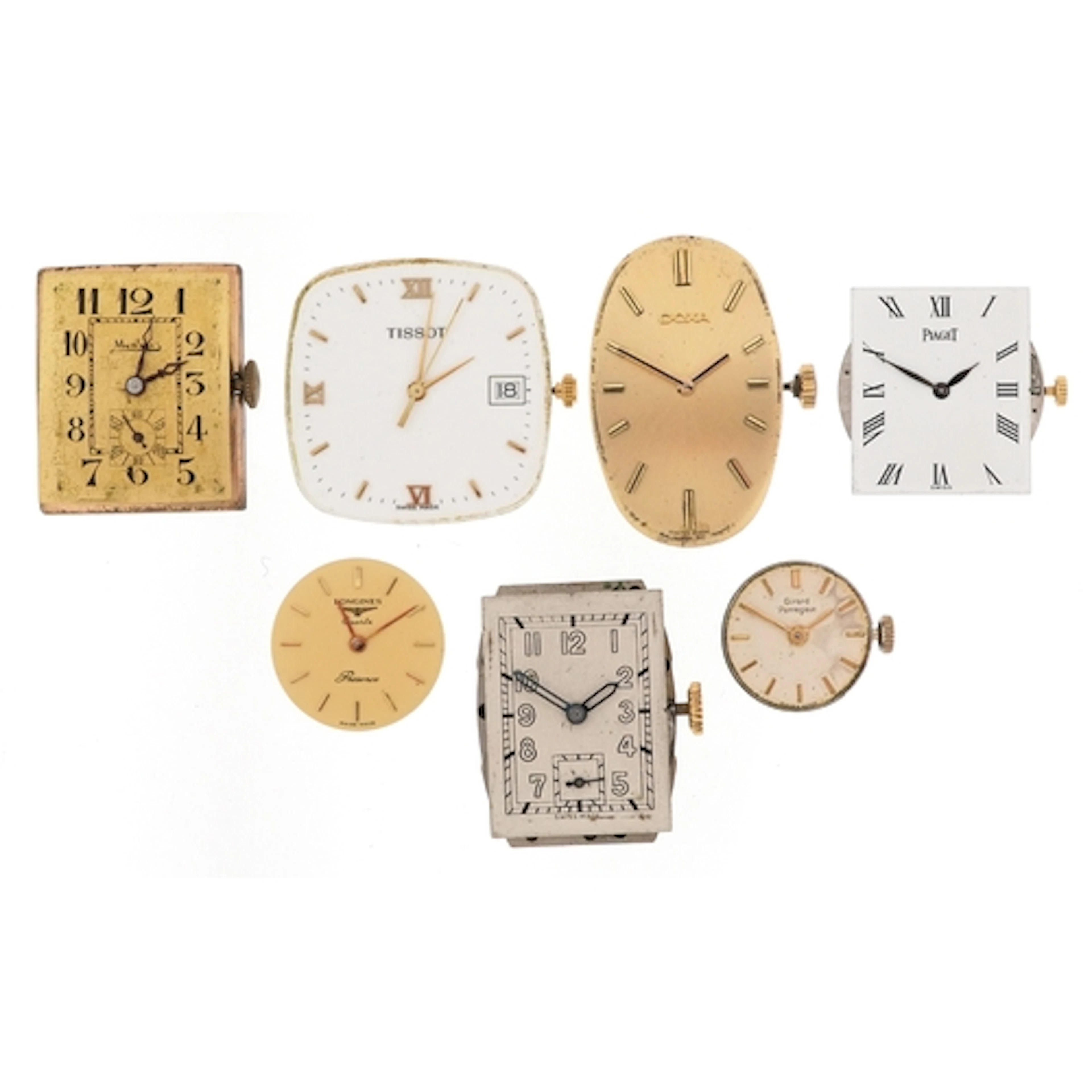Seven vintage manual wind and quartz wristwatch movements in...