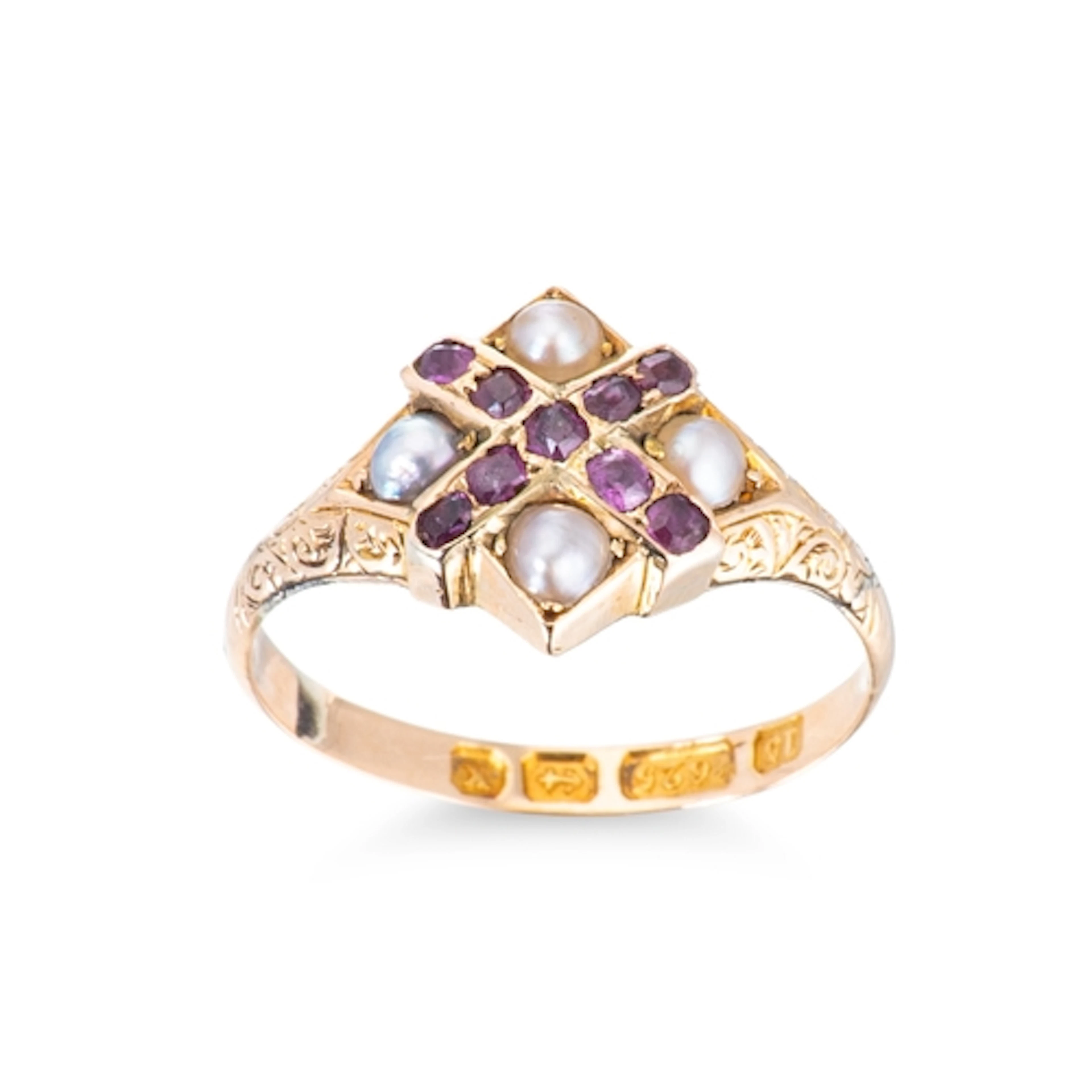 AN ANTIQUE PEARL AND RUBY RING, mounted in 15ct gold, size N...