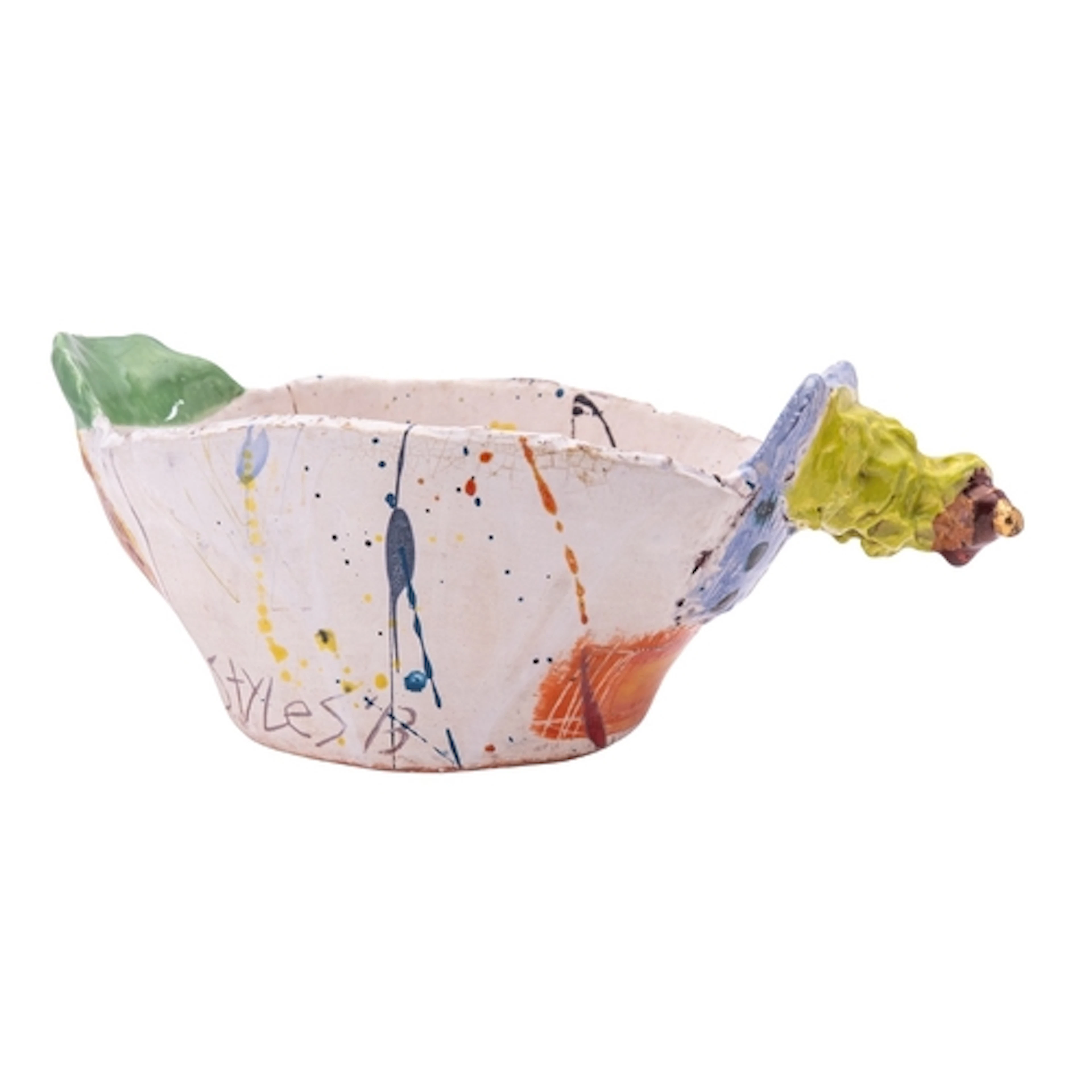 Linda Styles [b 1954] a terracotta jug with green lip and ar...