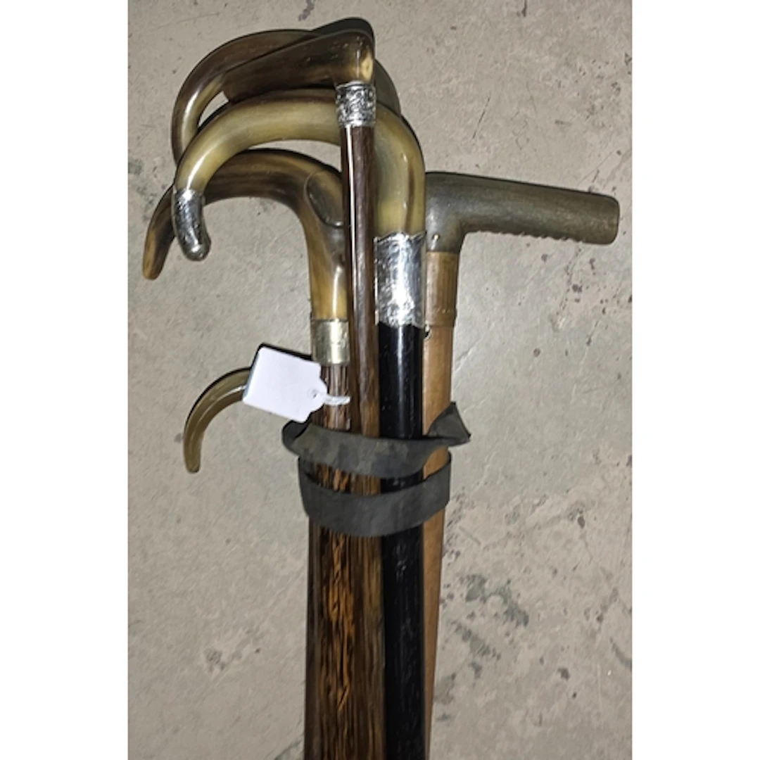 6 vintage walking sticks with horn handles, most with silver...
