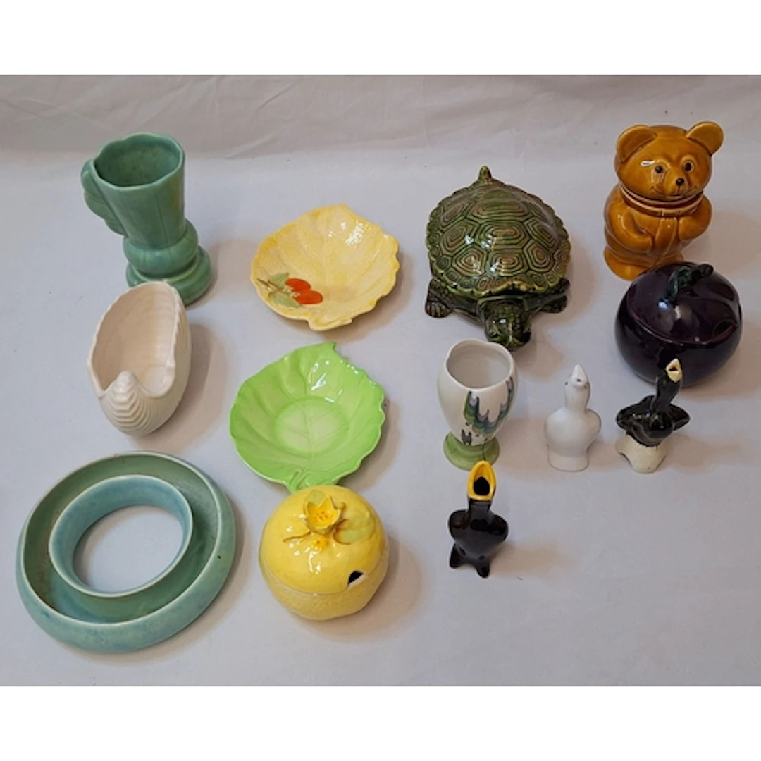 Carlton ware posy ring, Sylvac shell bowl, Crown Devon prese...