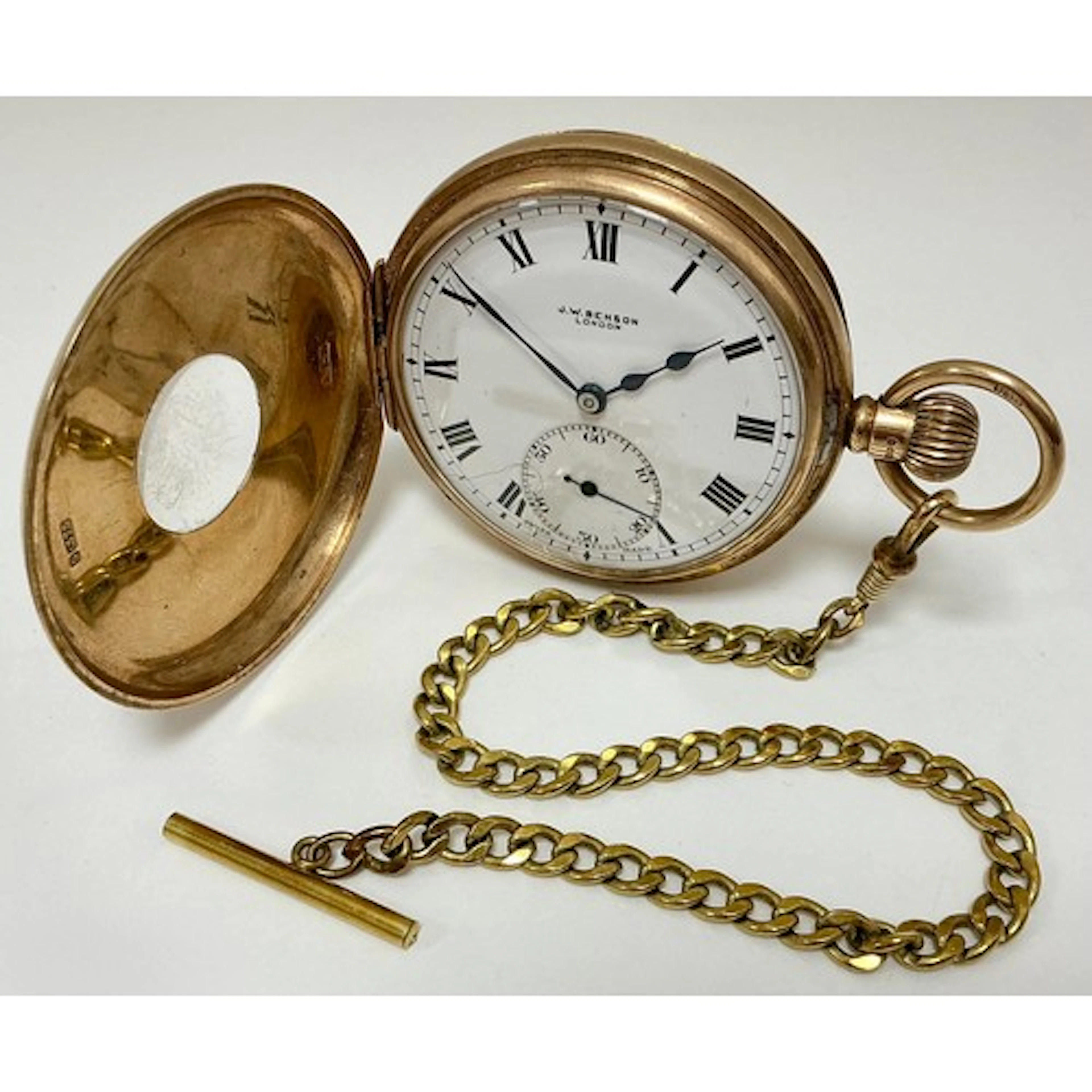 A George V 9ct gold half hunter pocket watch, by JW Benson, ...
