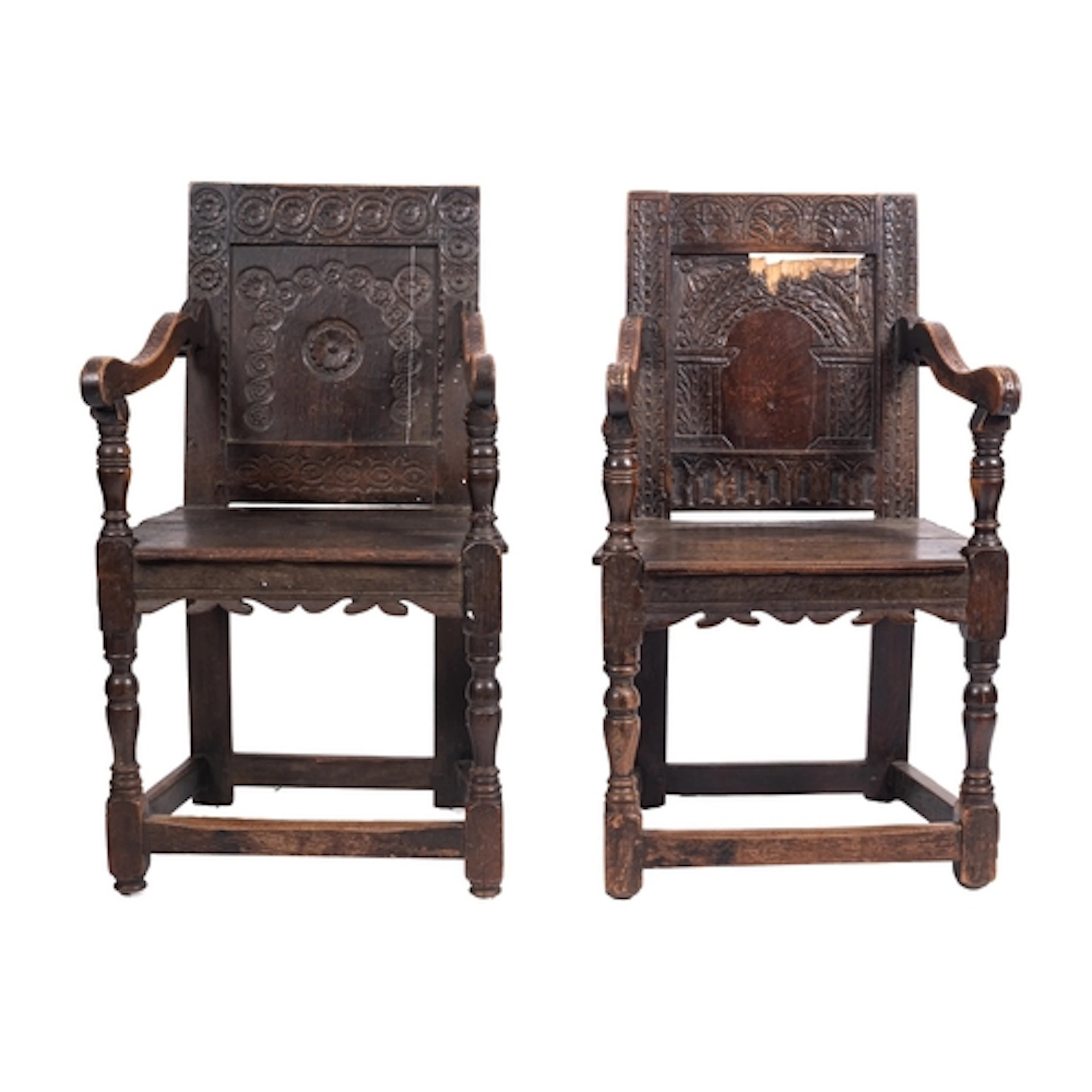 Two similar oak wainscot chairs, later 17th century; the rec...