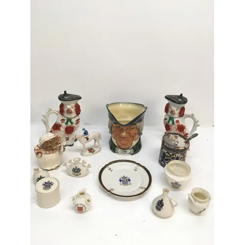 A small group of ceramics including Staffordshire dogs jugs ...