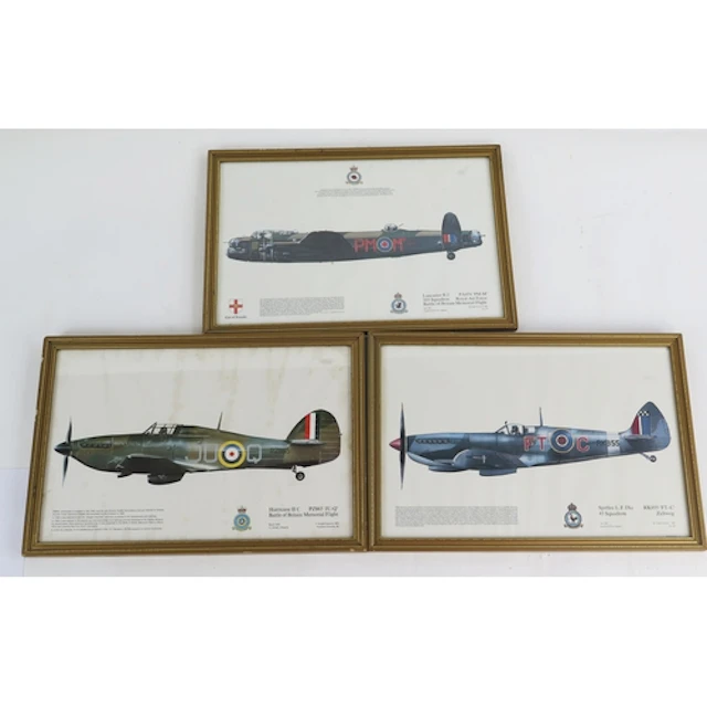 Three coloured prints Hurricane IIC, Lancaster BI and Spitfi...