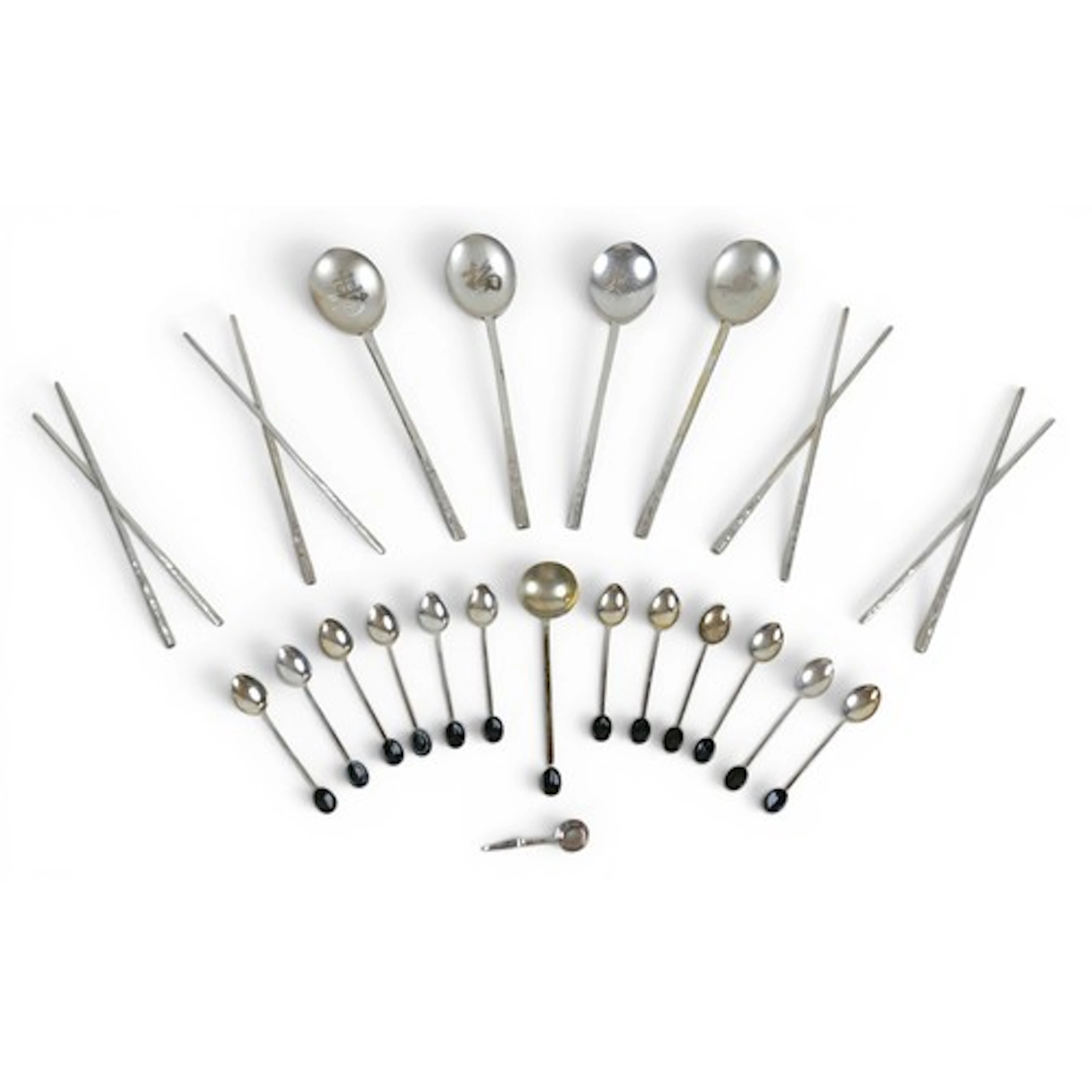 A set of Chinese silver four presentation spoons and matchin...