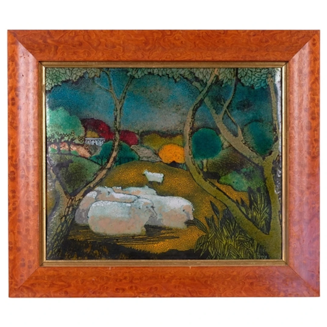 Beryl Turpin (1926 - 2016), sheep in landscape, enamel on me...