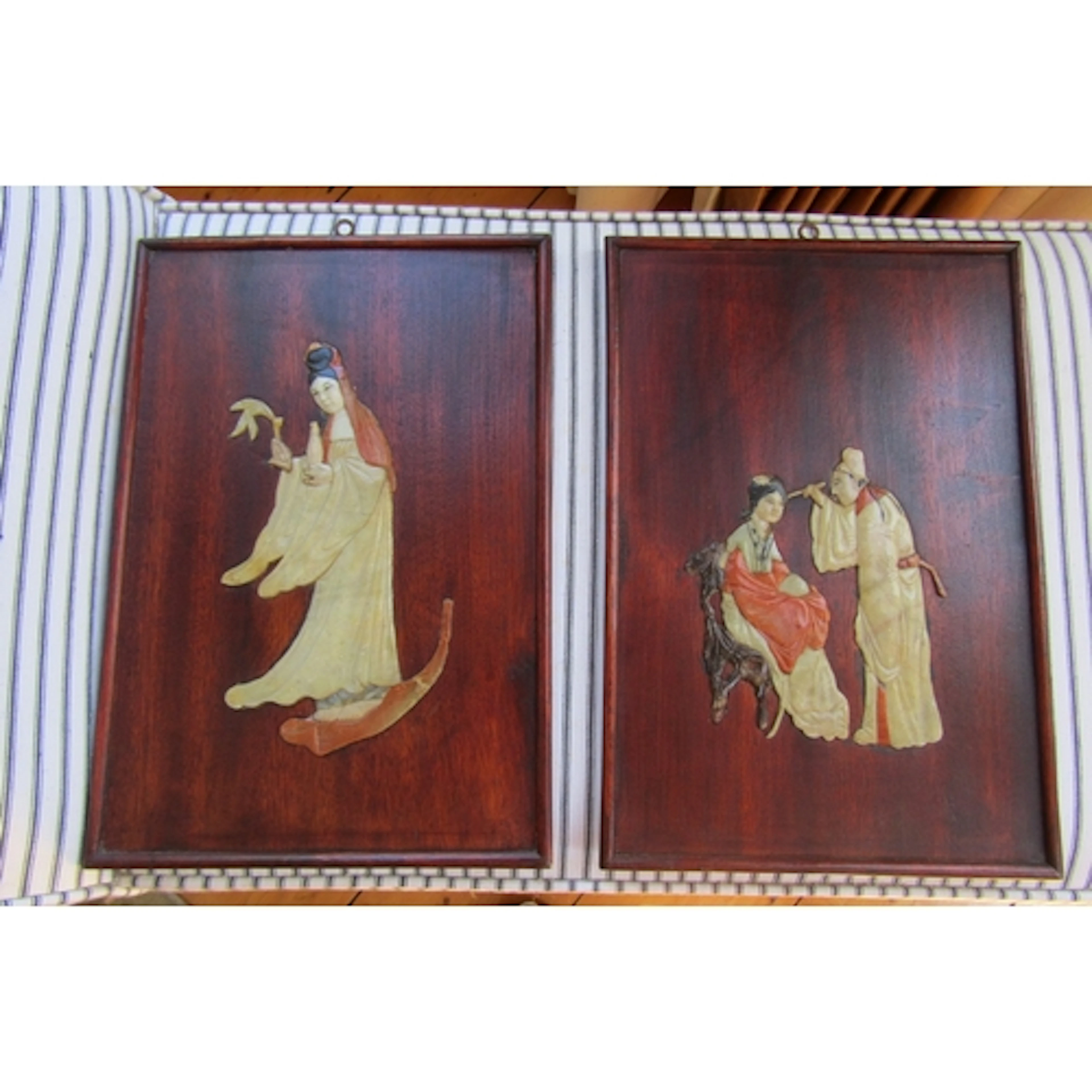 Pair of Antique Decorated Panels Hardwood Depicting Court Fi...