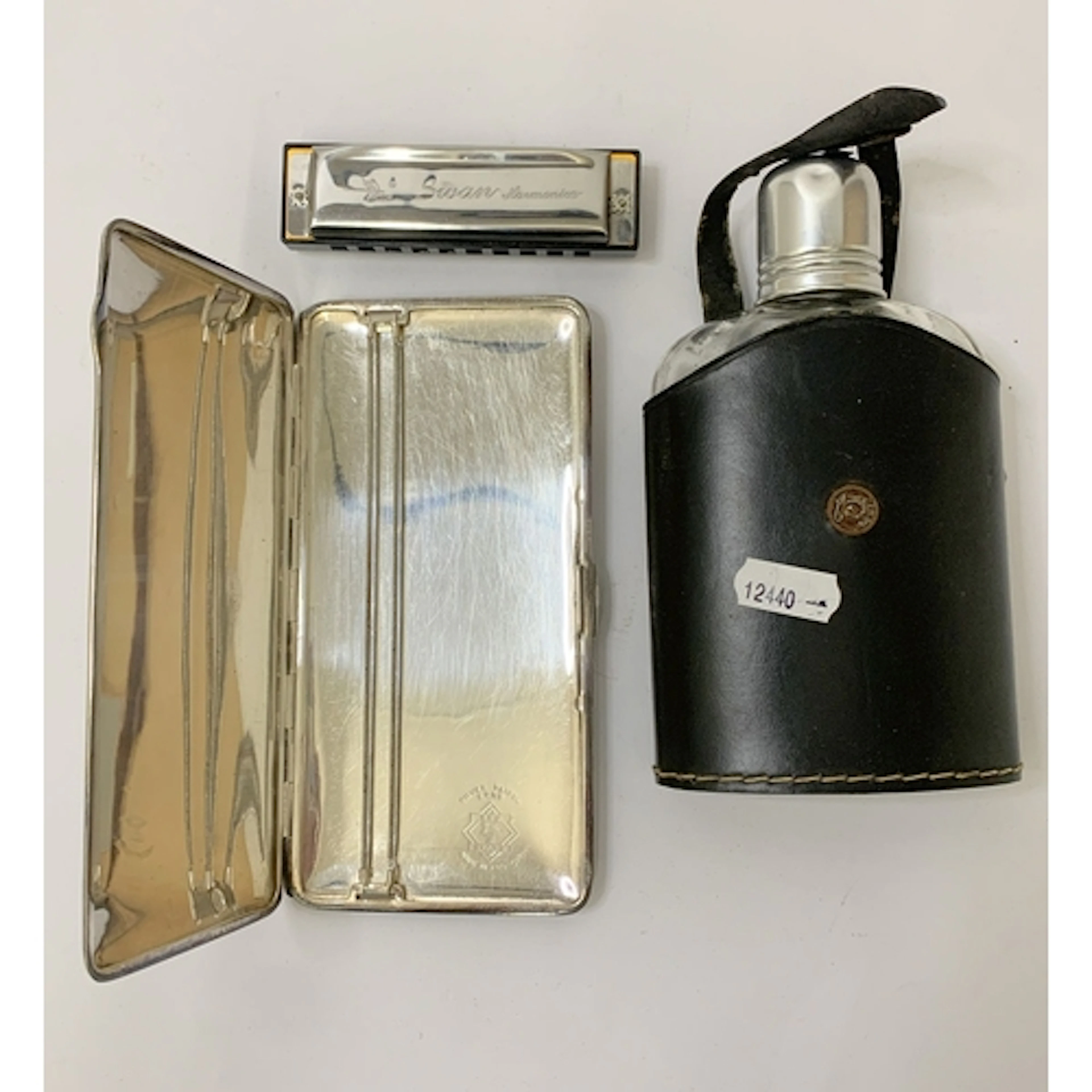 Swan Harmonica, Hip flask, vintage engine turned silver plat...
