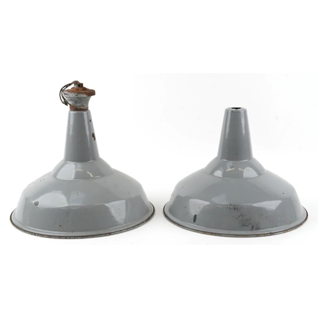 Pair of vintage Industrial enamelled pendant light fittings,...