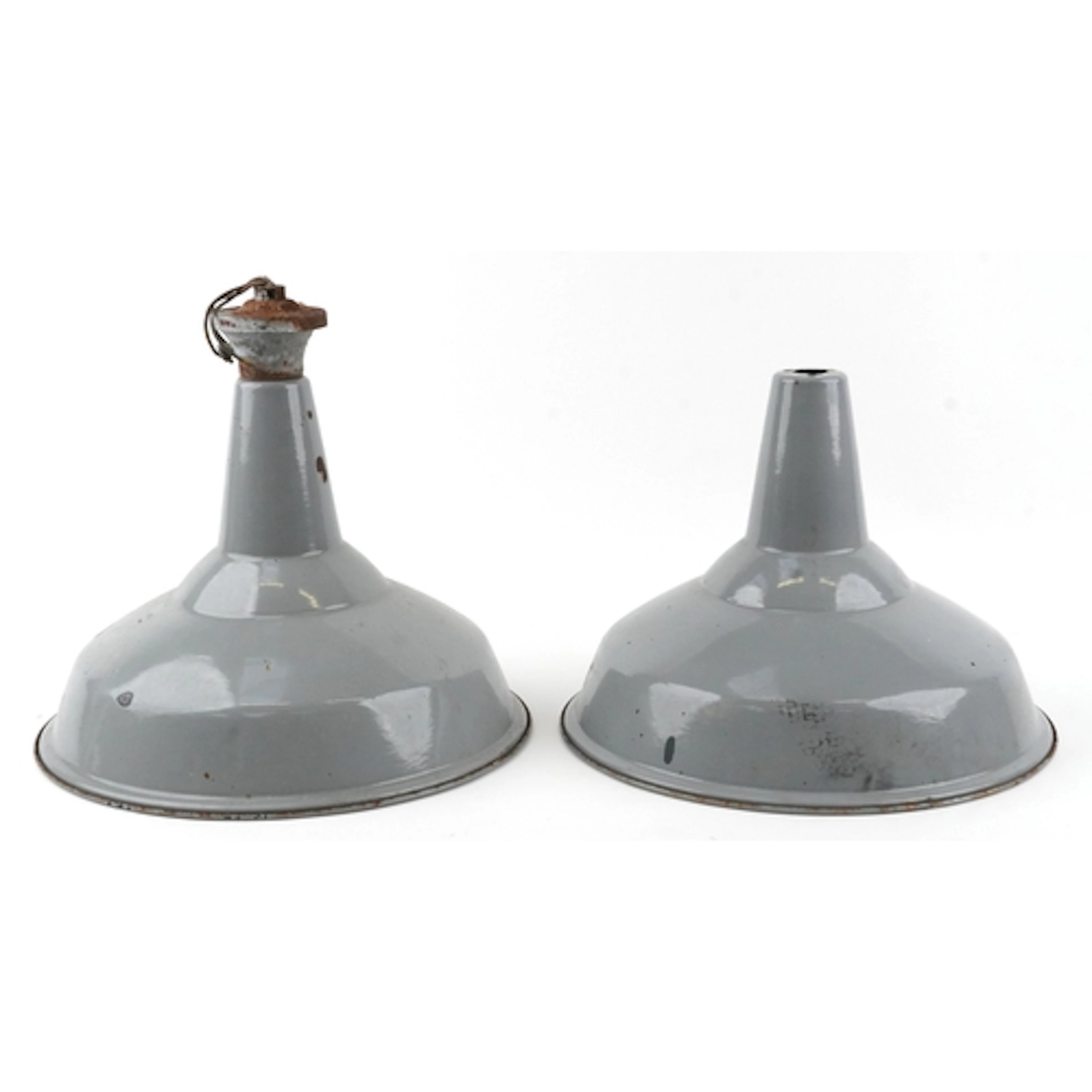 Pair of vintage Industrial enamelled pendant light fittings,...