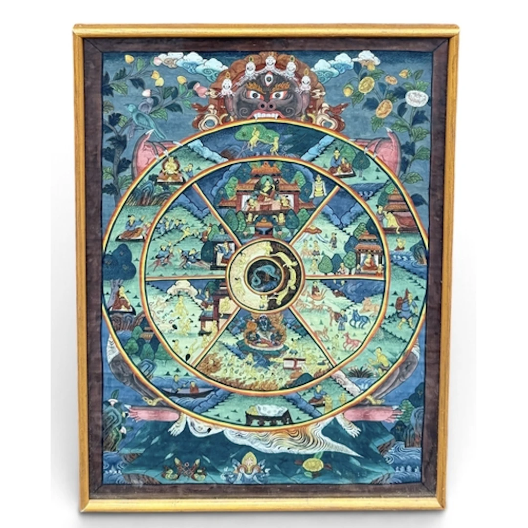 A 20TH CENTURY BUDDHIST THANGKA WHEEL OF LIFE Painted on clo...