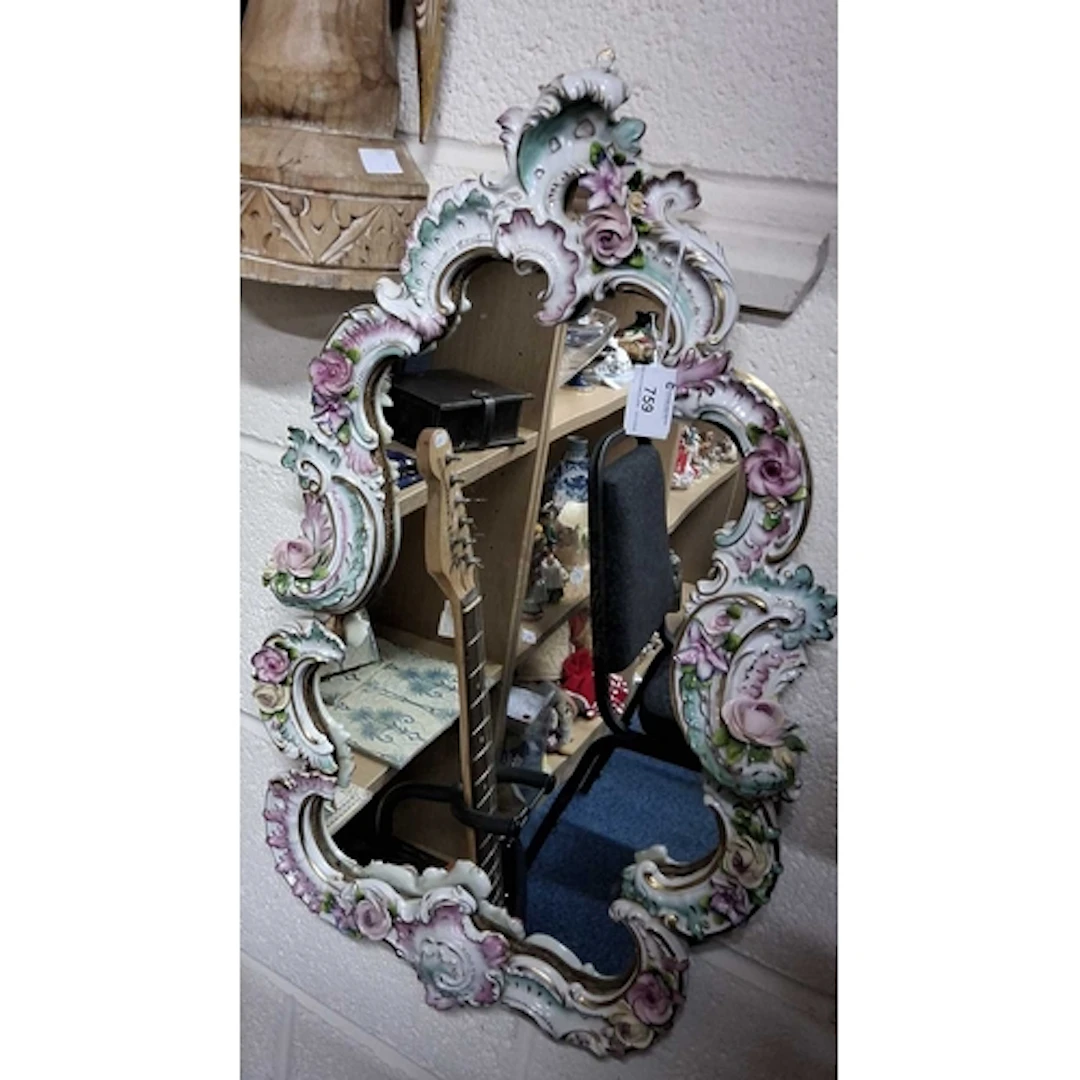 A HAND-PAINTED EUROPEAN PORCELAIN ROCOCO-STYLE WALL MIRROR, ...